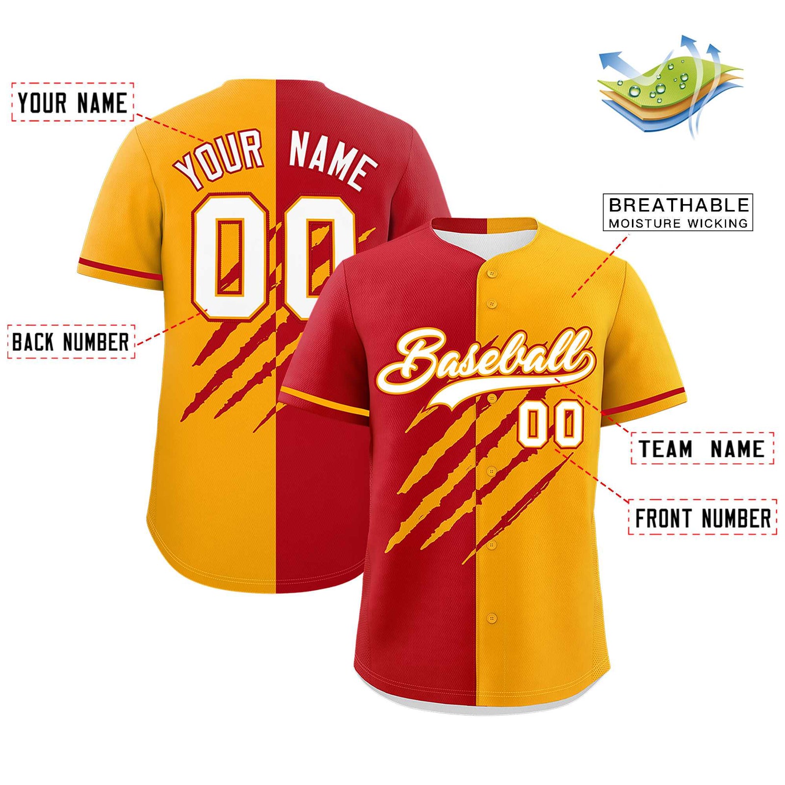 Custom Red Yellow Split Tiger Claw Scratch Pattern Baseball Jersey