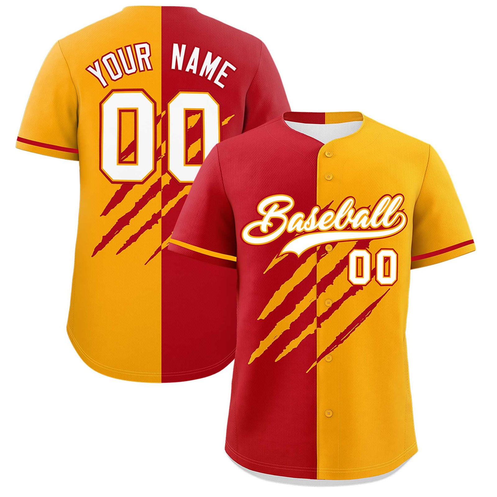 Custom Red Yellow Split Tiger Claw Scratch Pattern Baseball Jersey