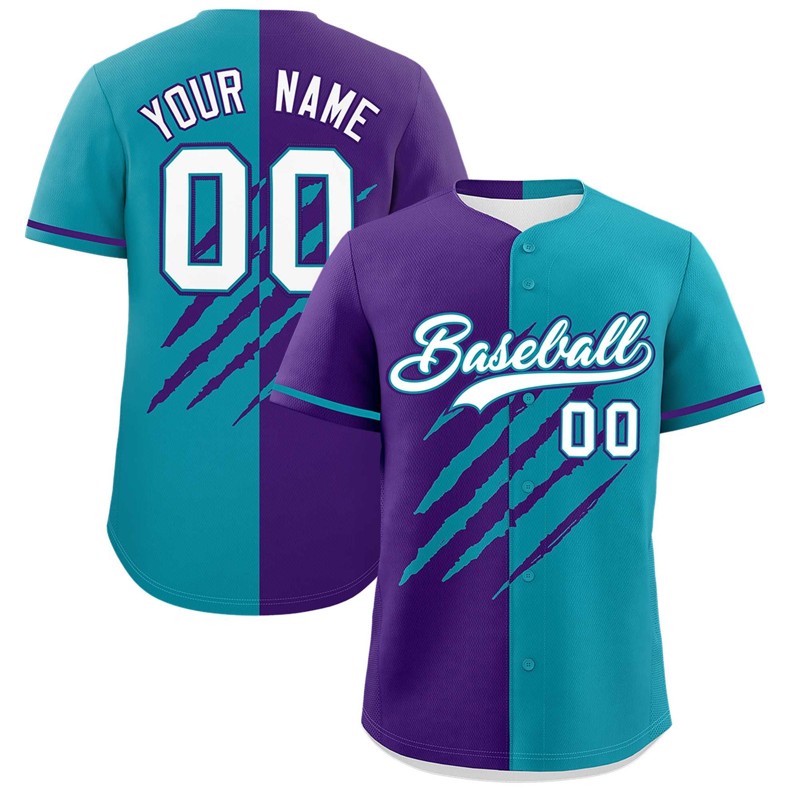 Custom Purple Teal Split Tiger Claw Scratch Pattern Baseball Jersey