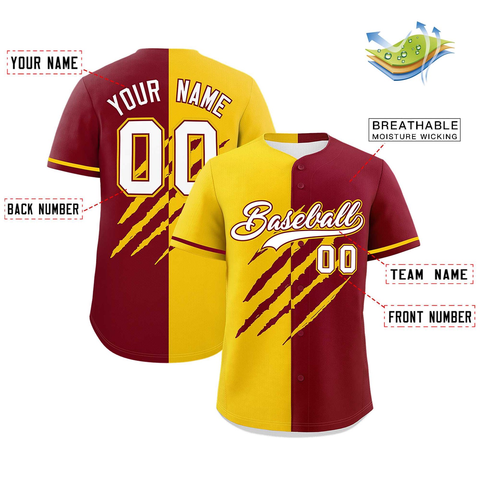 Custom Gold Crimson Split Tiger Claw Scratch Pattern Baseball Jersey