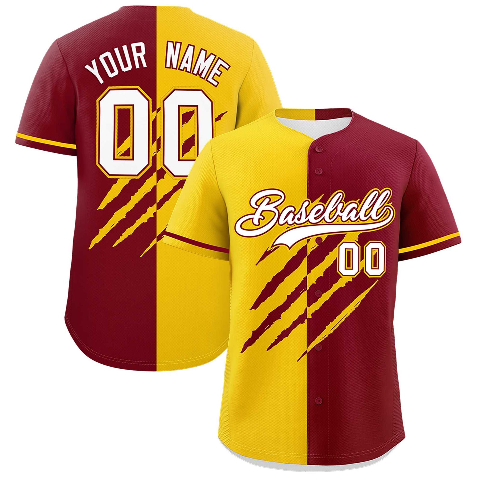 Custom Gold Crimson Split Tiger Claw Scratch Pattern Baseball Jersey