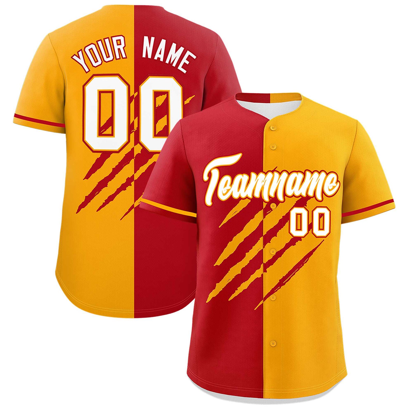Custom Red Yellow Split Tiger Claw Scratch Pattern Baseball Jersey