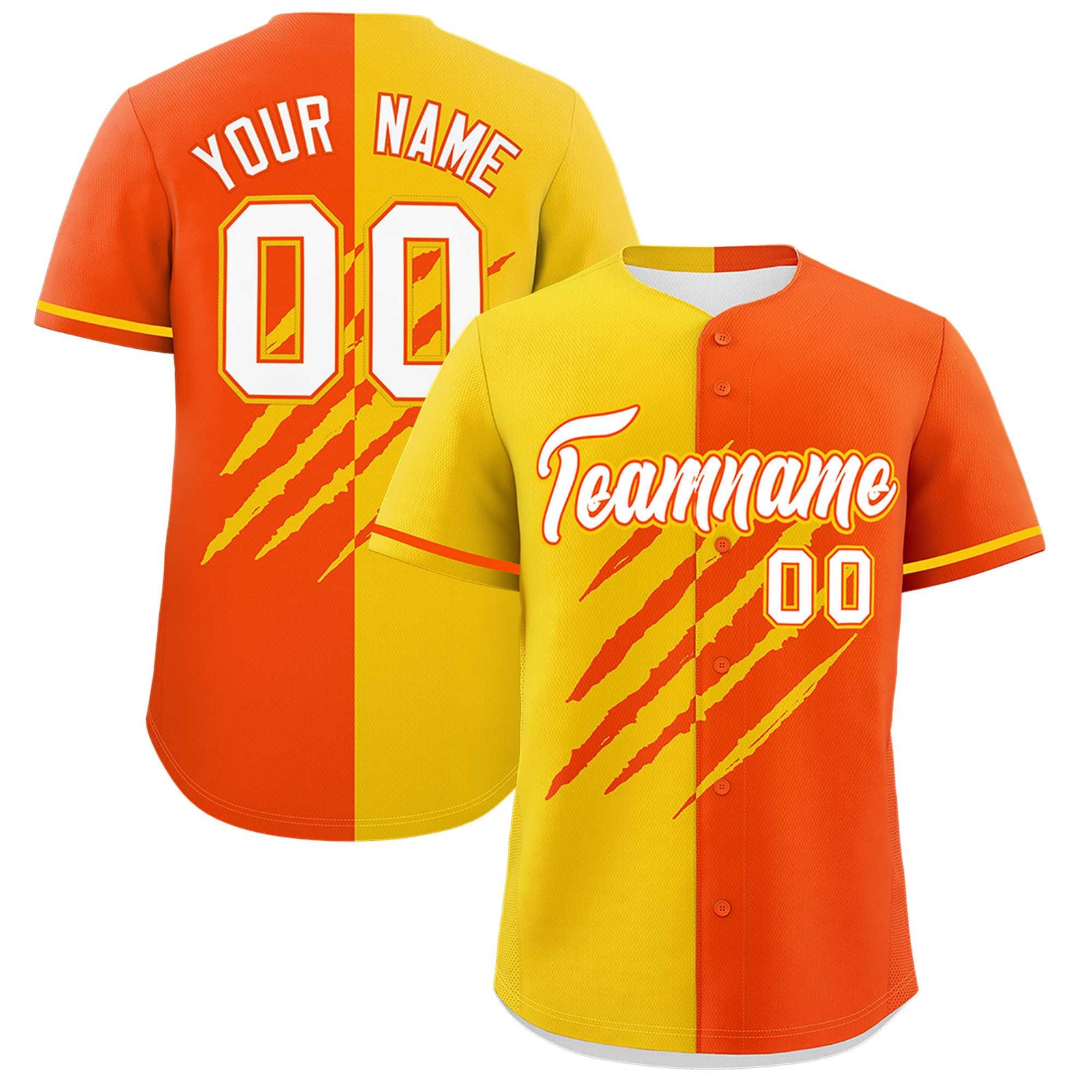 Custom Gold Orange Split Tiger Claw Scratch Pattern Baseball Jersey