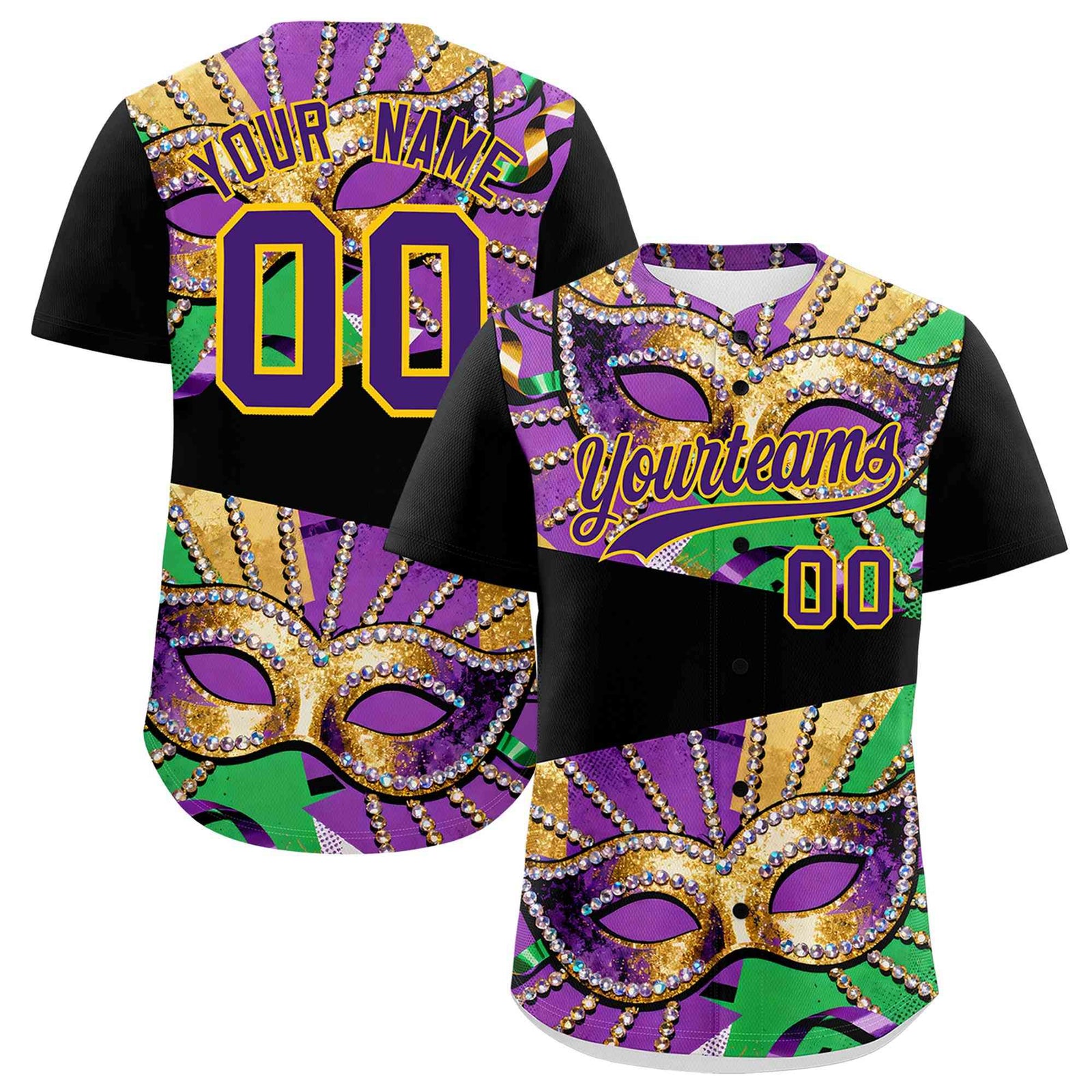 Custom Black Gold Purple Personalization Mardi Gras Authentic Baseball Jersey| KXKSHOP