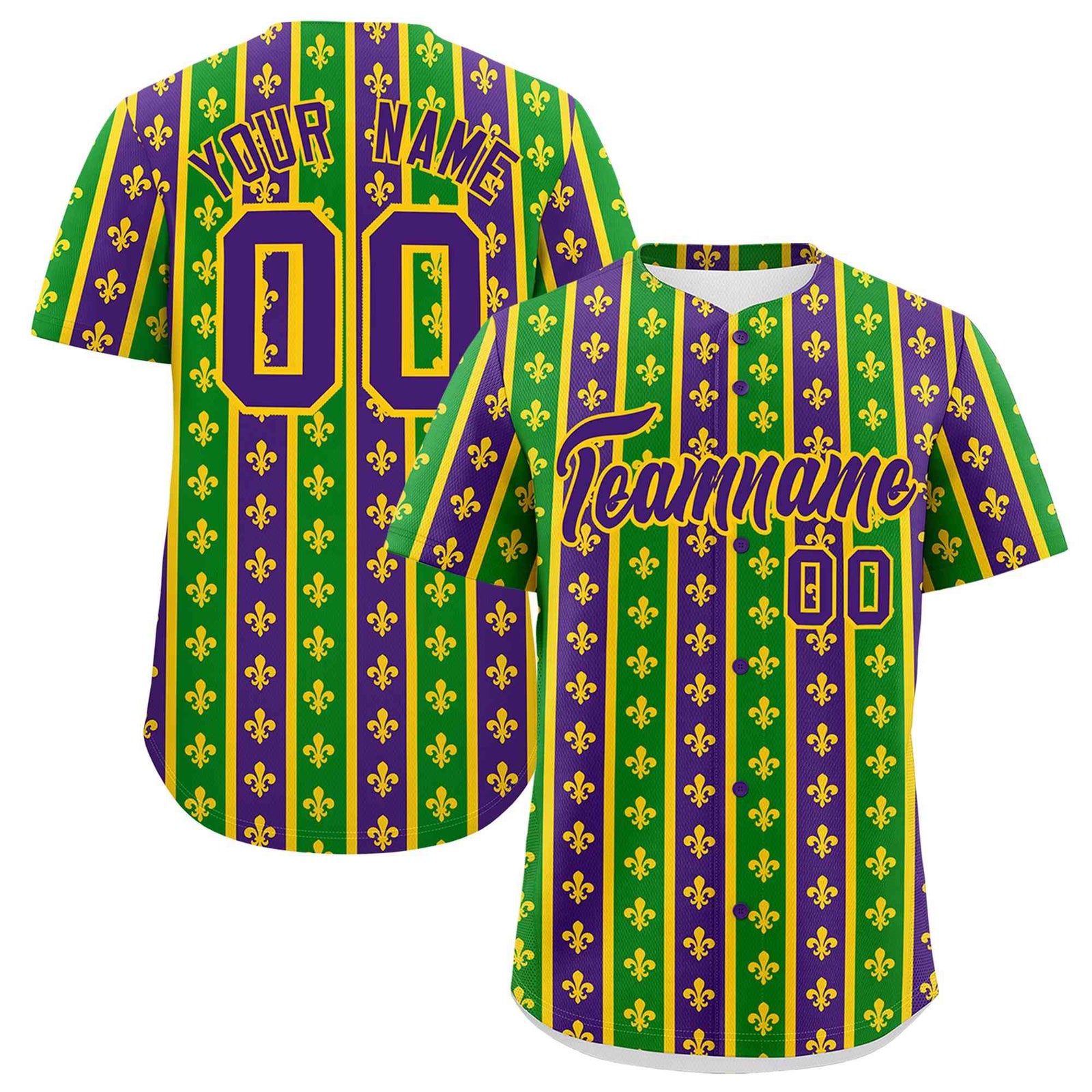 Custom Purple Kelly Green Gold Personalization Stripe Mardi Gras Authentic Baseball Jersey| KXKSHOP