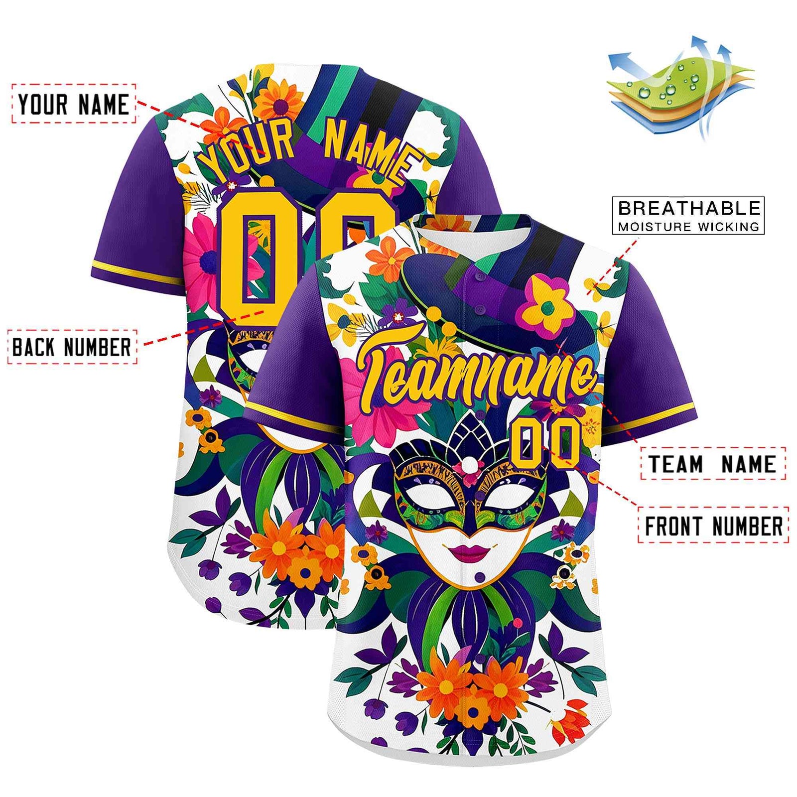 Custom White Purple Personalization Mardi Gras Authentic Baseball Jersey| KXKSHOP