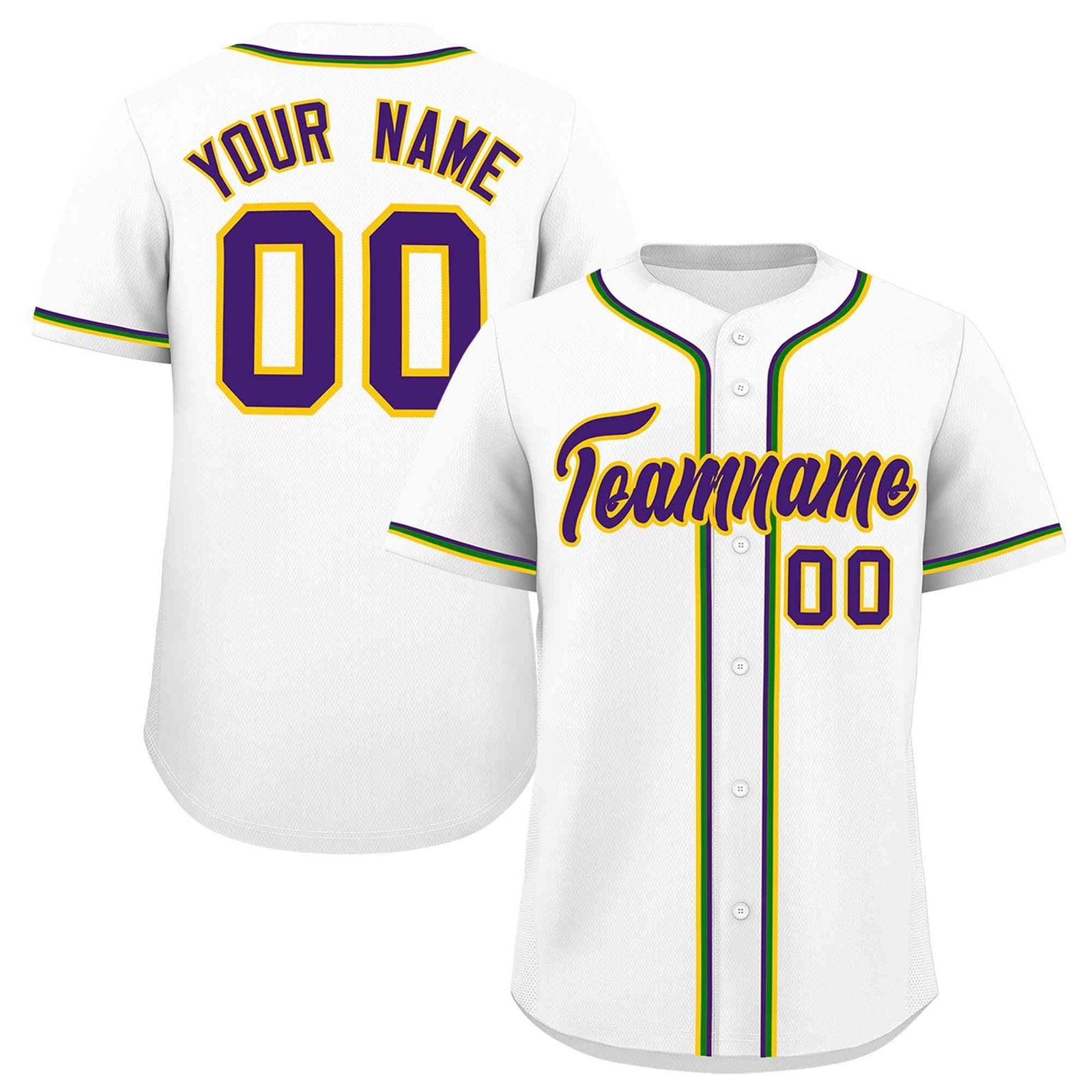 Custom White Purple Gold Kelly Green Personalization Mardi Gras Authentic Baseball Jersey| KXKSHOP