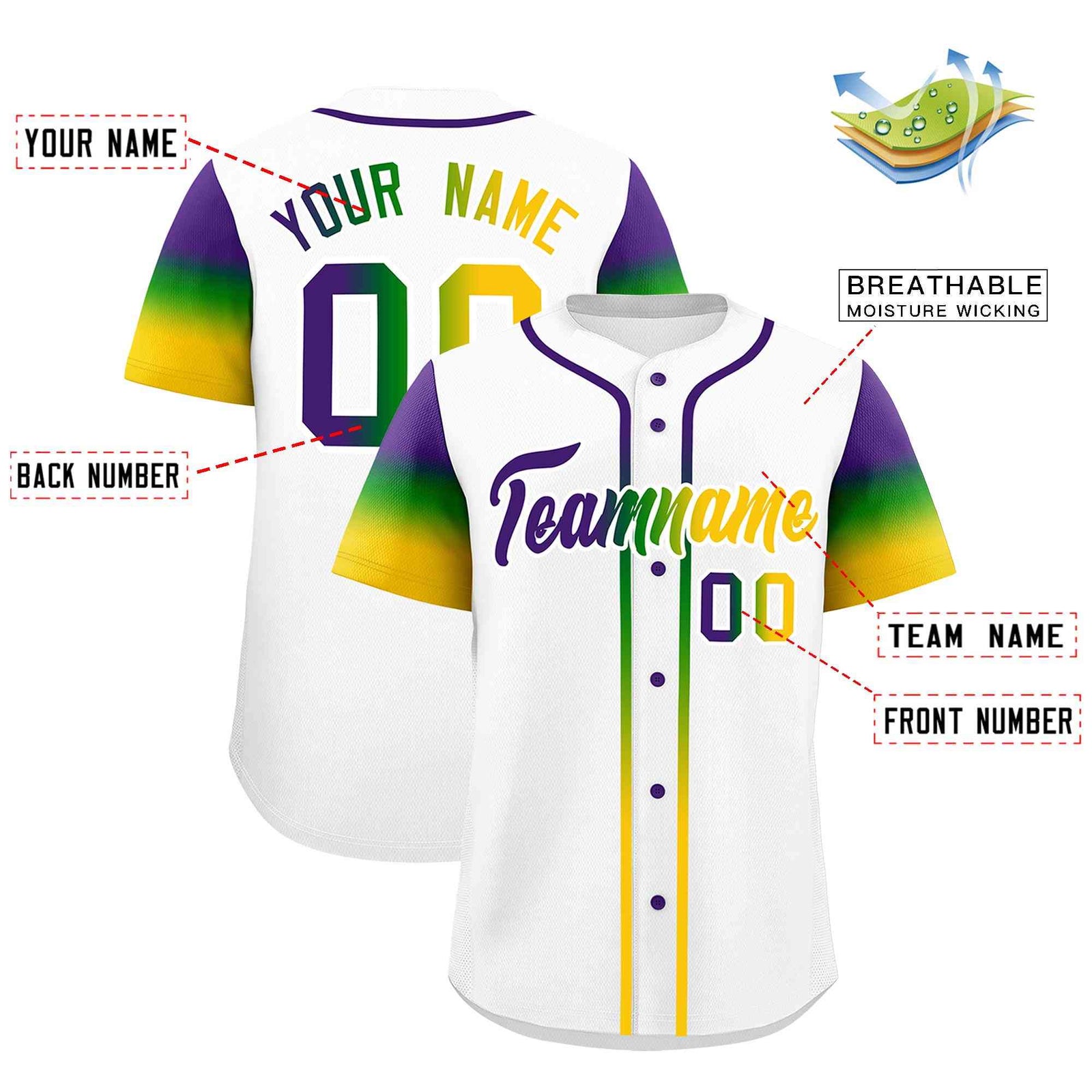 Custom White Purple Kelly Green Gold Personalization Gradient Mardi Gras Authentic Baseball Jersey| KXKSHOP