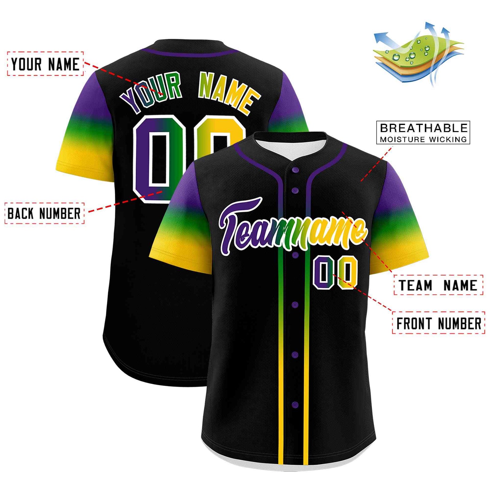 Custom Black Purple Kelly Green Gold Personalization Gradient Mardi Gras Authentic Baseball Jersey| KXKSHOP