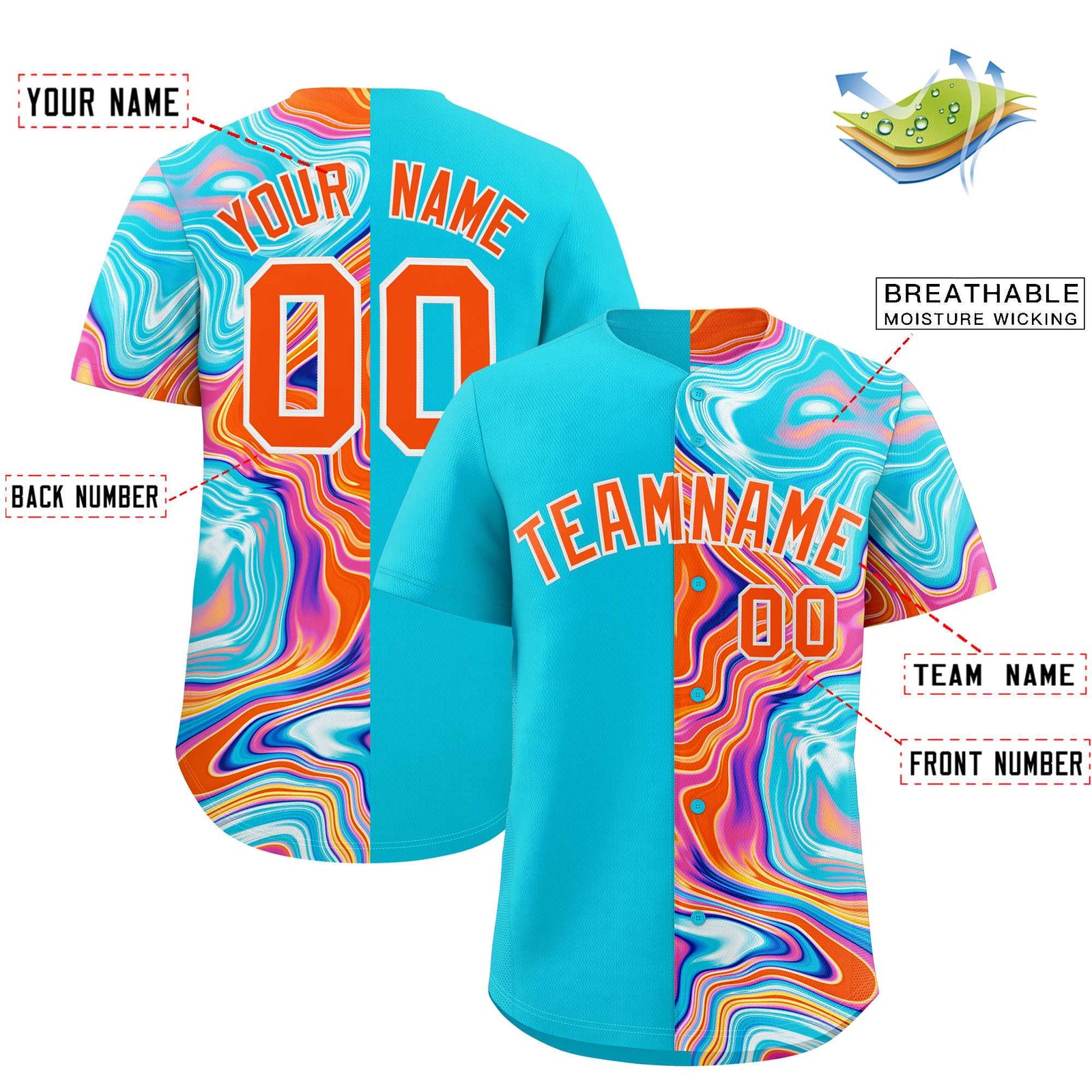 Custom Sky Blue Split Fashion Fluid Pattern Authentic Baseball Jersey