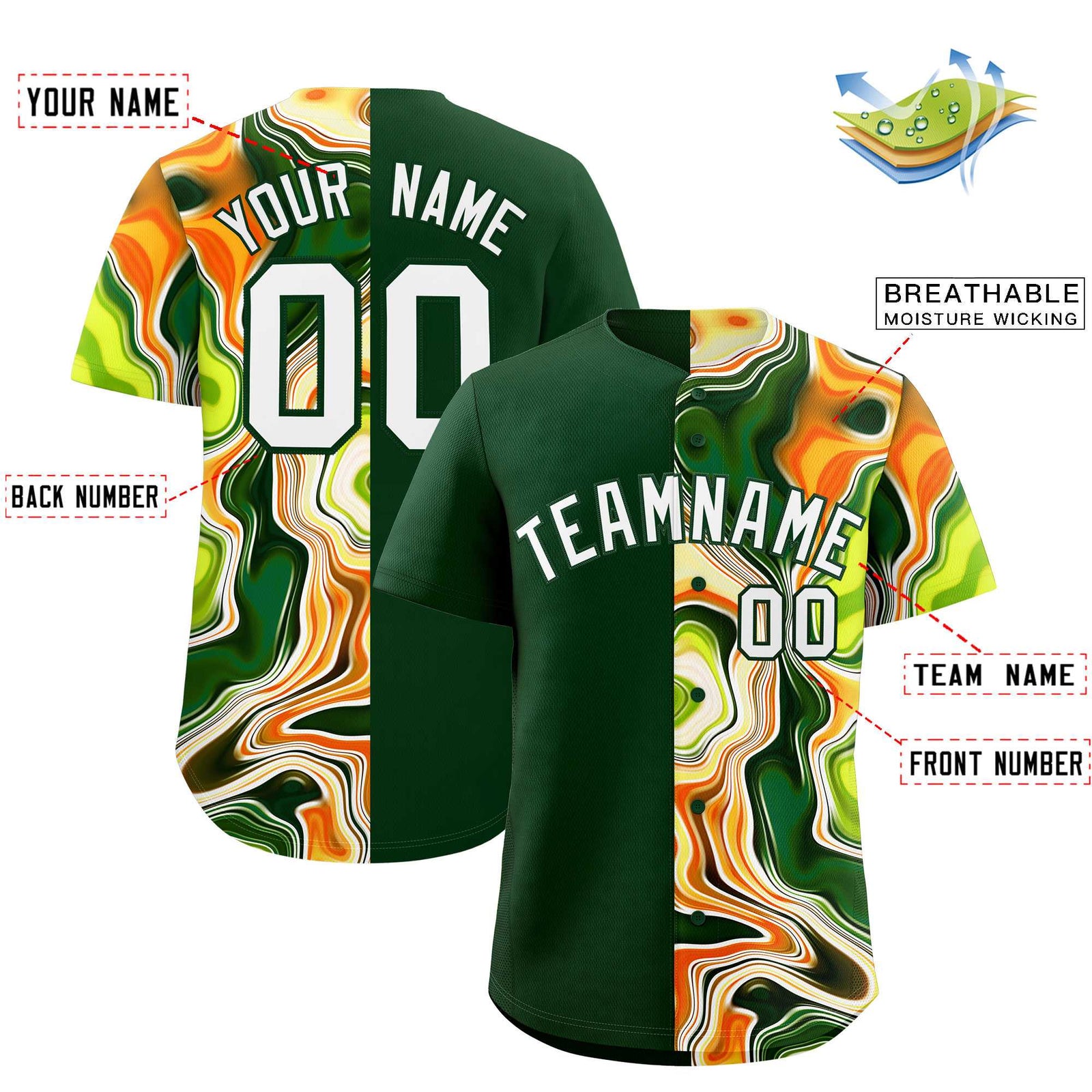 Custom Green Split Fashion Fluid Pattern Authentic Baseball Jersey
