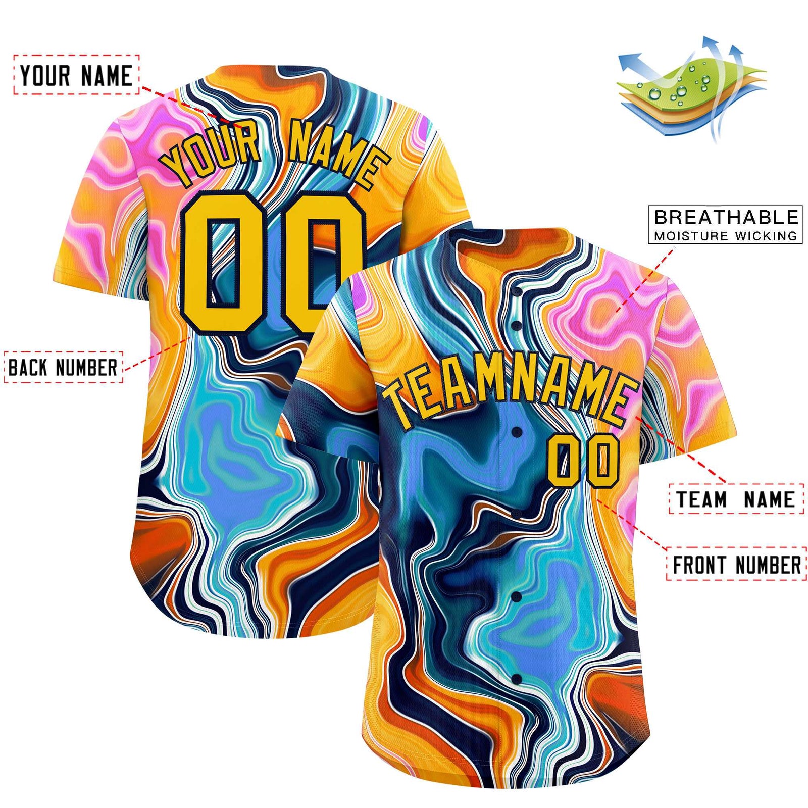 Custom Multi Color Split Fashion Fluid Pattern Authentic Baseball Jersey