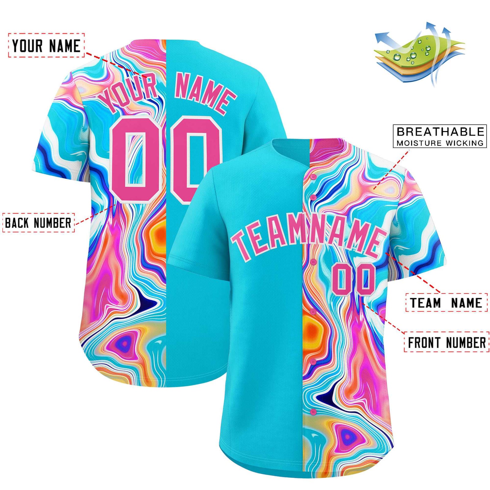 Custom Sky Blue Split Fashion Fluid Pattern Authentic Baseball Jersey