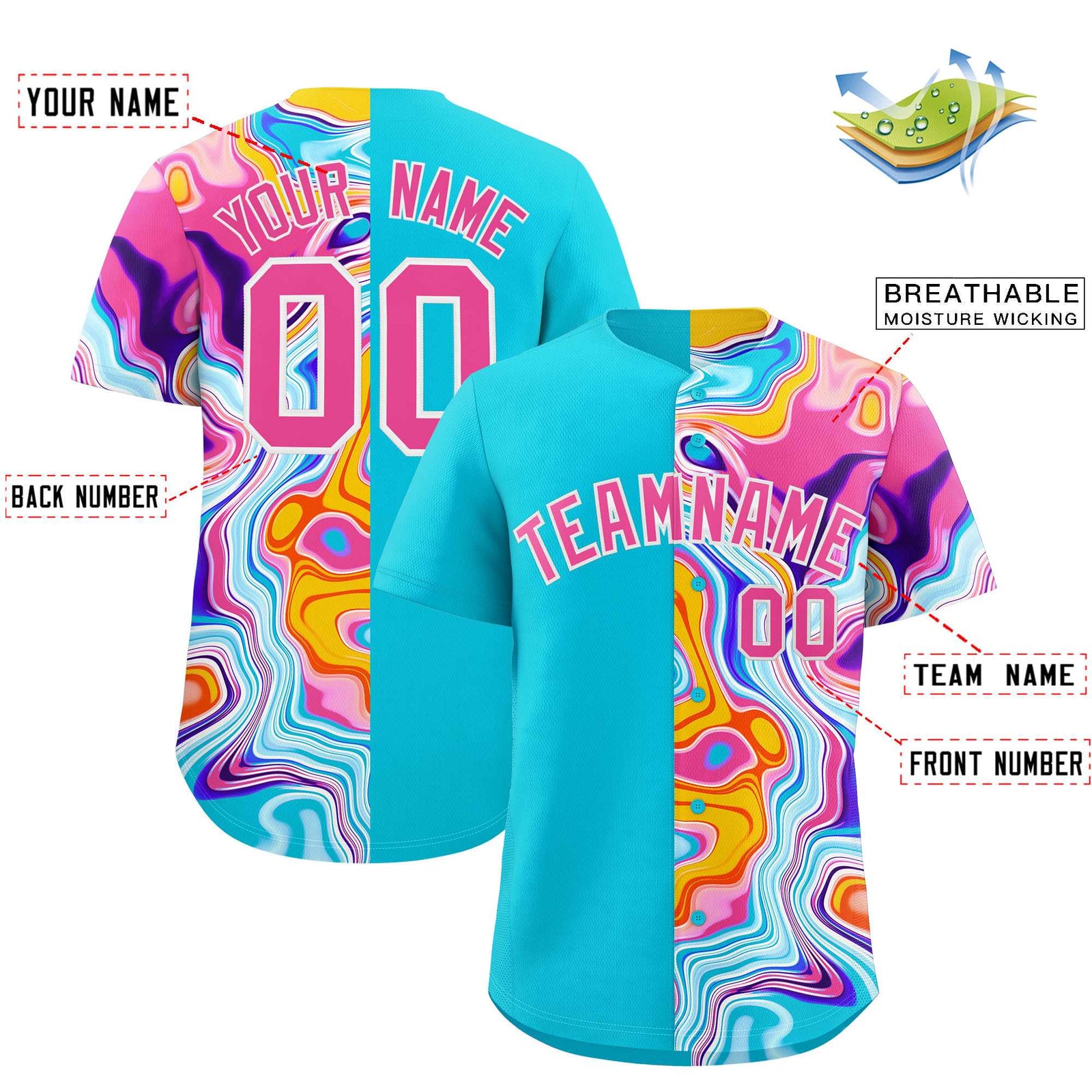 Custom Sky Blue Split Fashion Fluid Pattern Authentic Baseball Jersey
