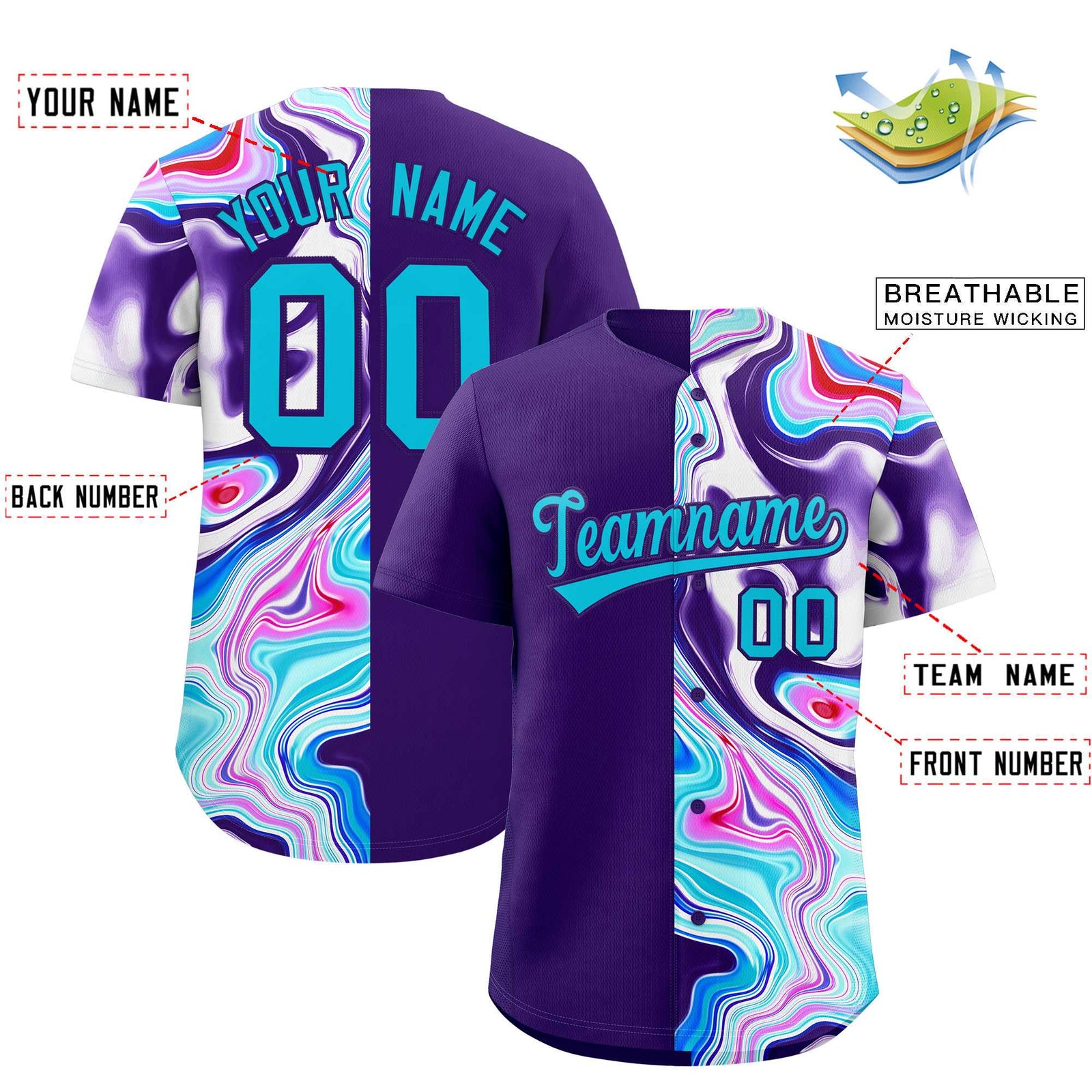 Custom Purple Split Fashion Fluid Pattern Authentic Baseball Jersey