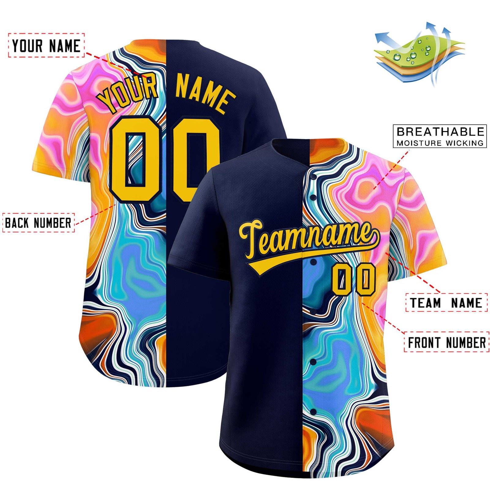 Custom Navy Split Fashion Fluid Pattern Authentic Baseball Jersey