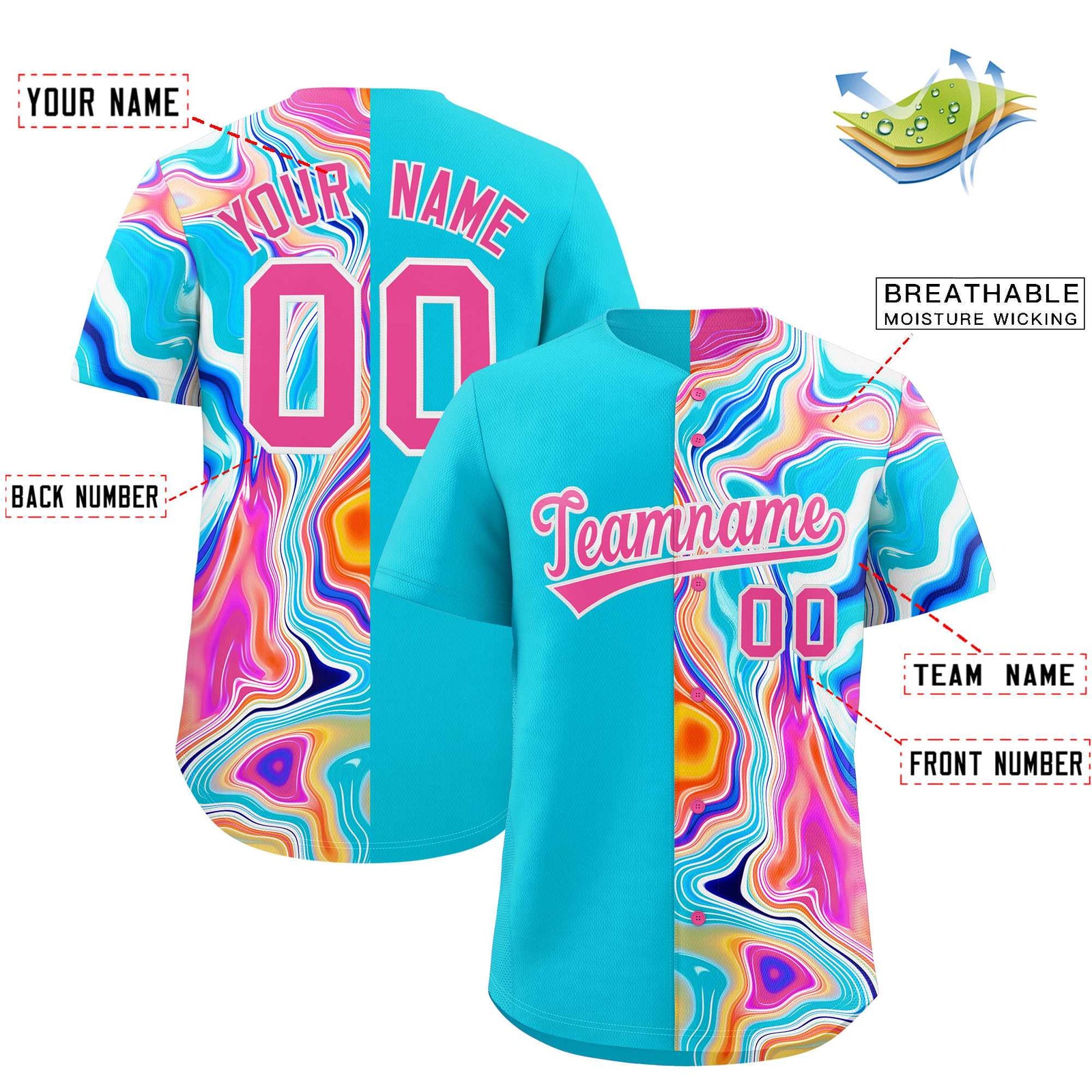 Custom Sky Blue Split Fashion Fluid Pattern Authentic Baseball Jersey