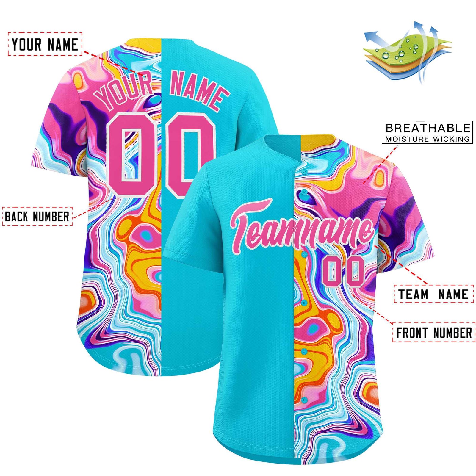 Custom Sky Blue Split Fashion Fluid Pattern Authentic Baseball Jersey