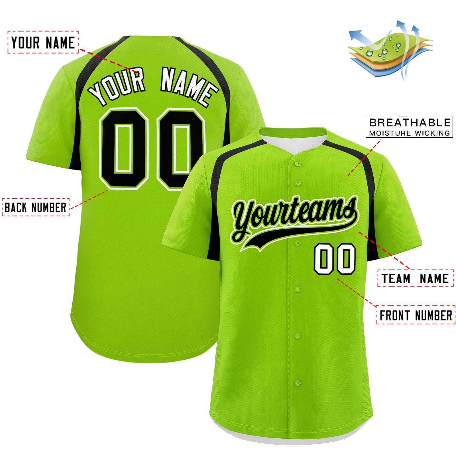 Custom Neon Green Black Personalized Color Block Authentic Baseball Jersey