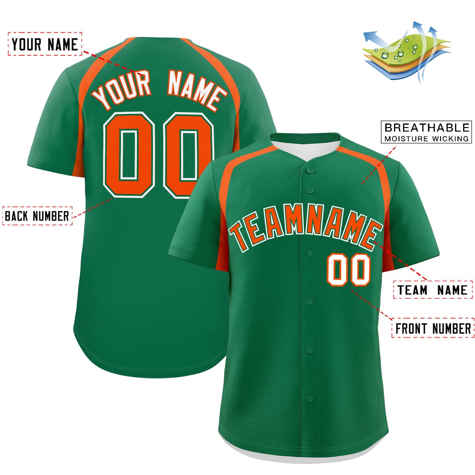 Custom Kelly Green Orange Personalized Color Block Authentic Baseball Jersey