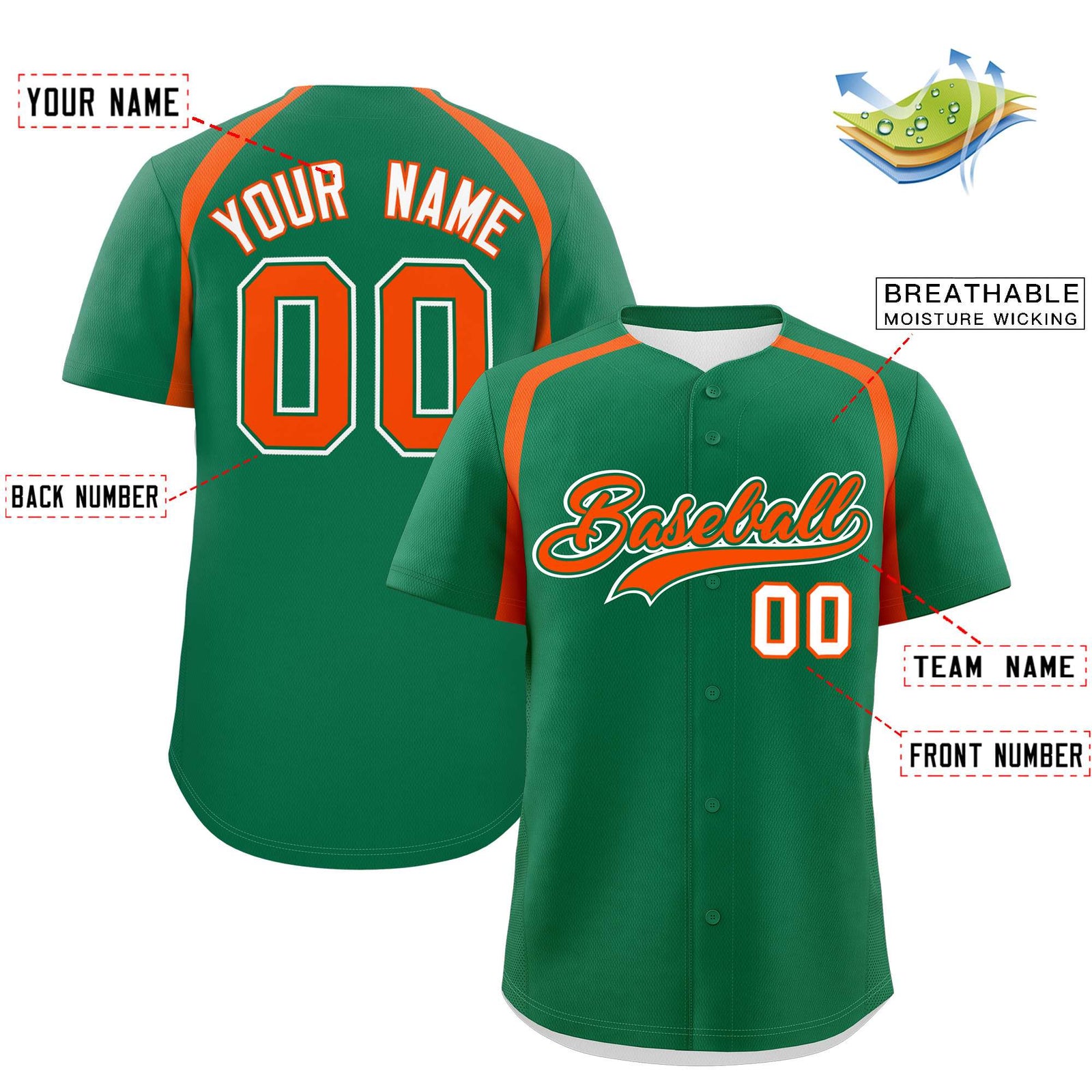 Custom Kelly Green Orange Personalized Color Block Authentic Baseball Jersey