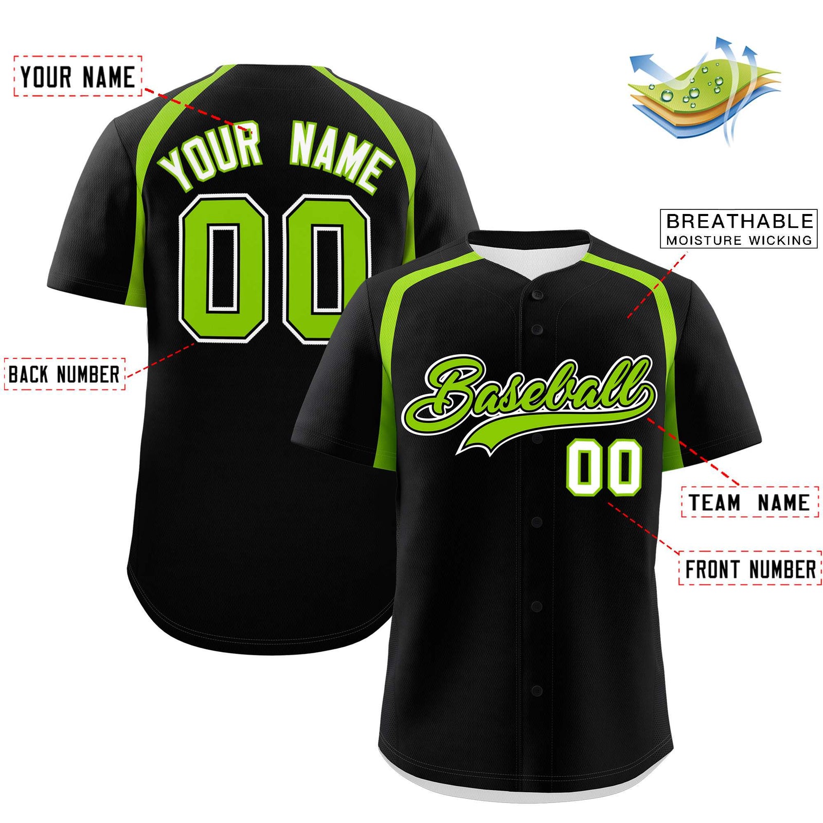 Custom Black Neon Green Personalized Color Block Authentic Baseball Jersey