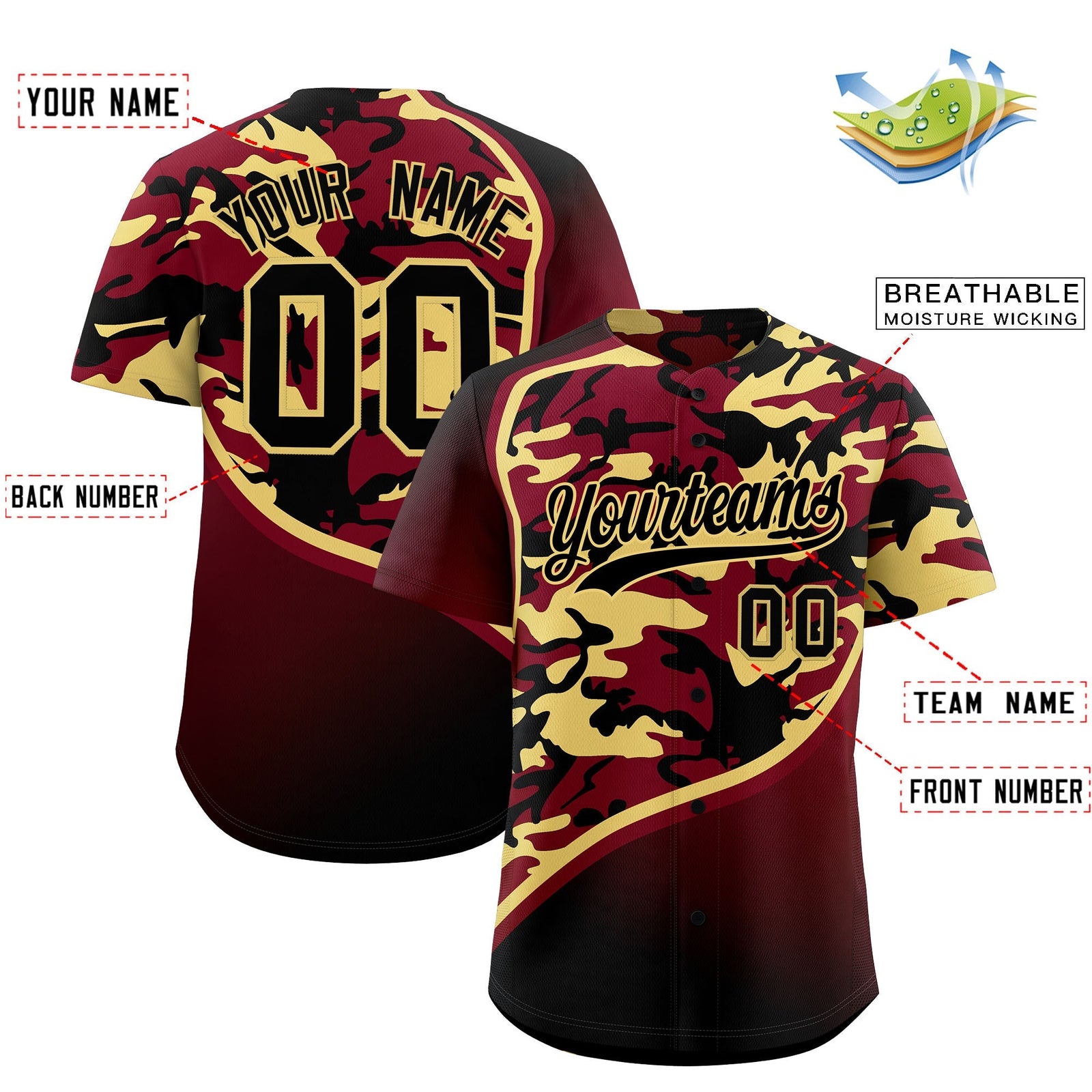 Custom Khaki Crimson Black Camo Gradient Fashion Baseball Jersey | Perfect for Training,Sublimation Printed & Stitched,Add Name and Numbern,Perfect for Teams | KXKSHOP