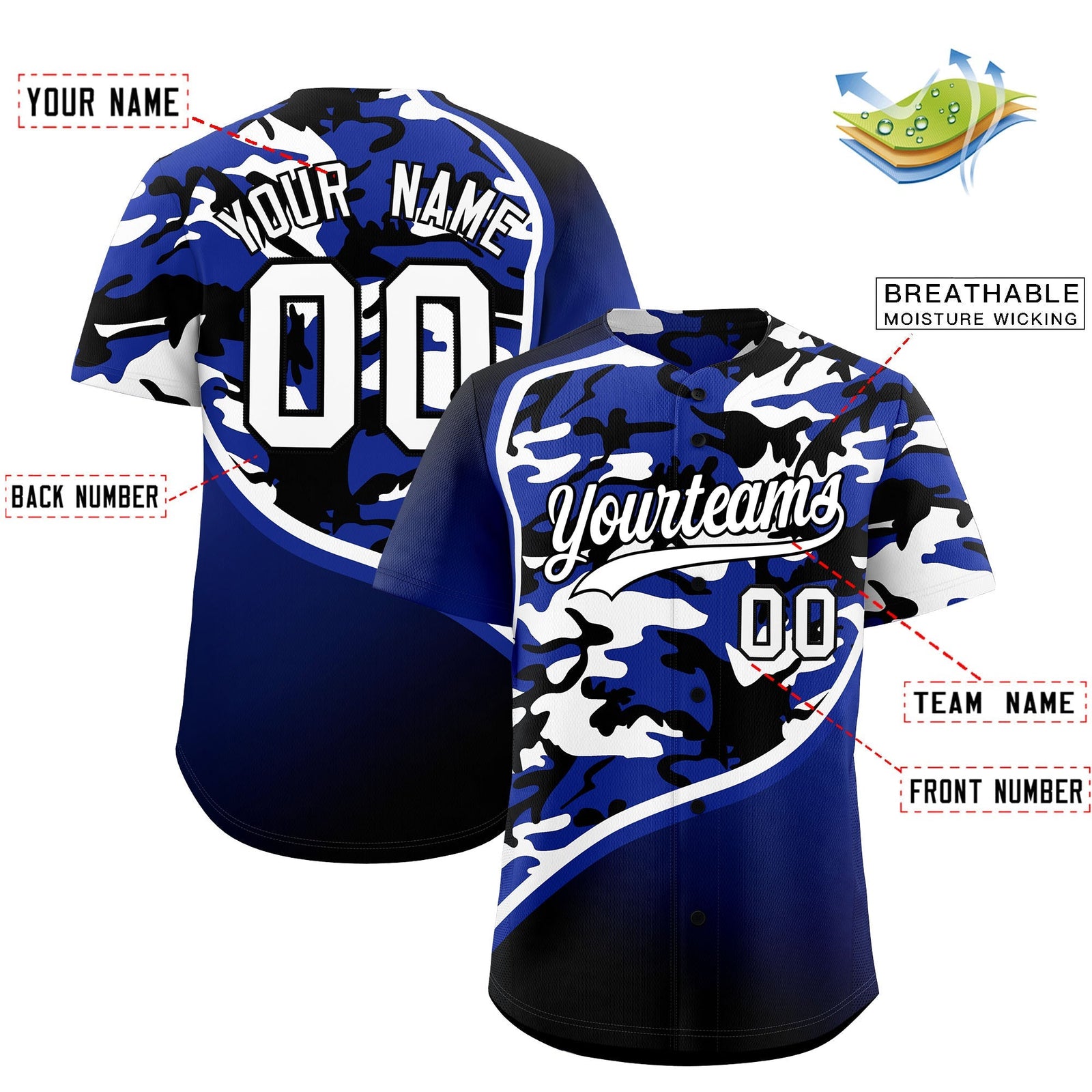 Custom Royal Blue Black White Camo Gradient Fashion Baseball Jersey | Perfect for Training,Sublimation Printed & Stitched,Add Name and Numbern,Perfect for Teams | KXKSHOP