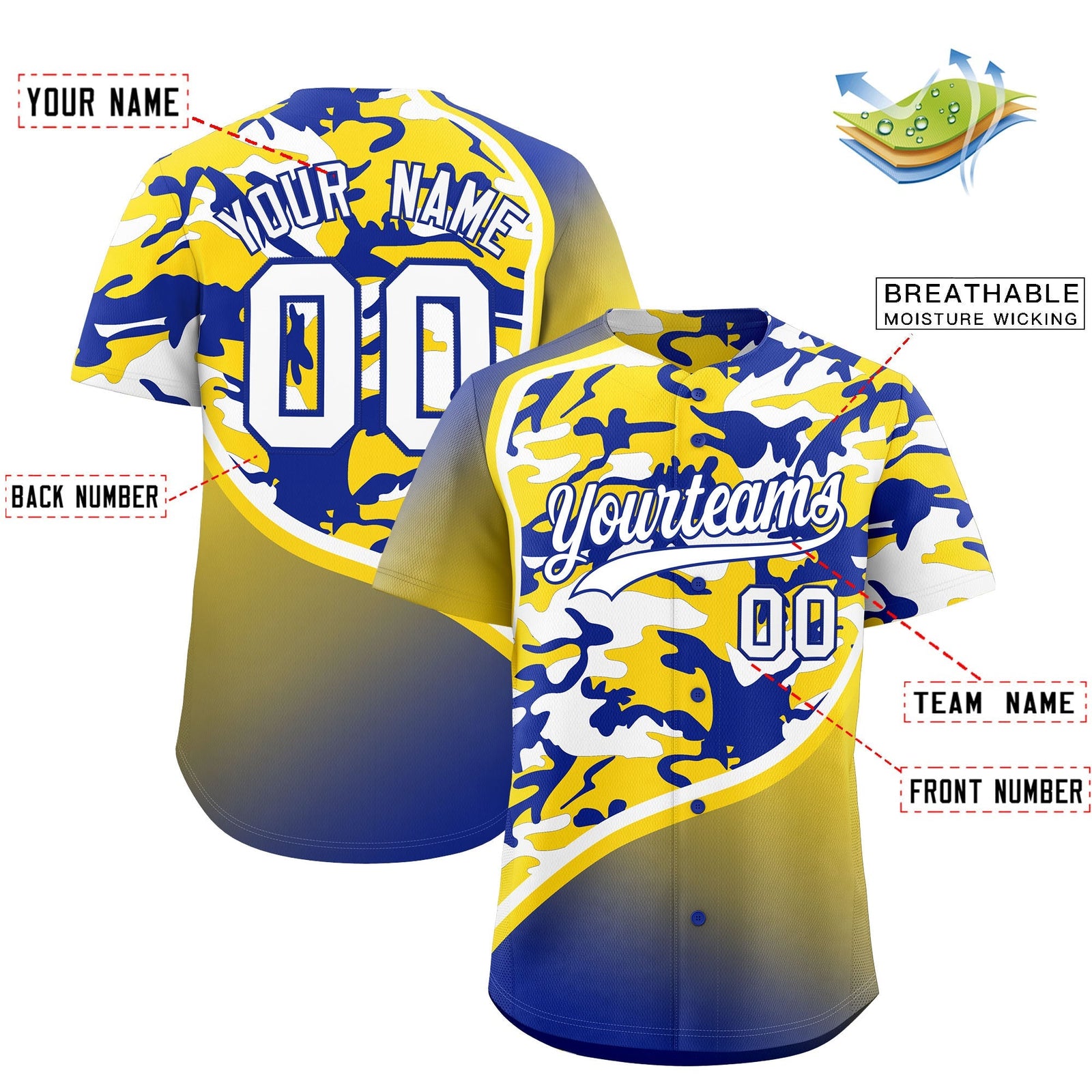 Custom Gold Royal Blue White Camo Gradient Fashion Baseball Jersey | Perfect for Training,Sublimation Printed & Stitched,Add Name and Numbern,Perfect for Teams | KXKSHOP