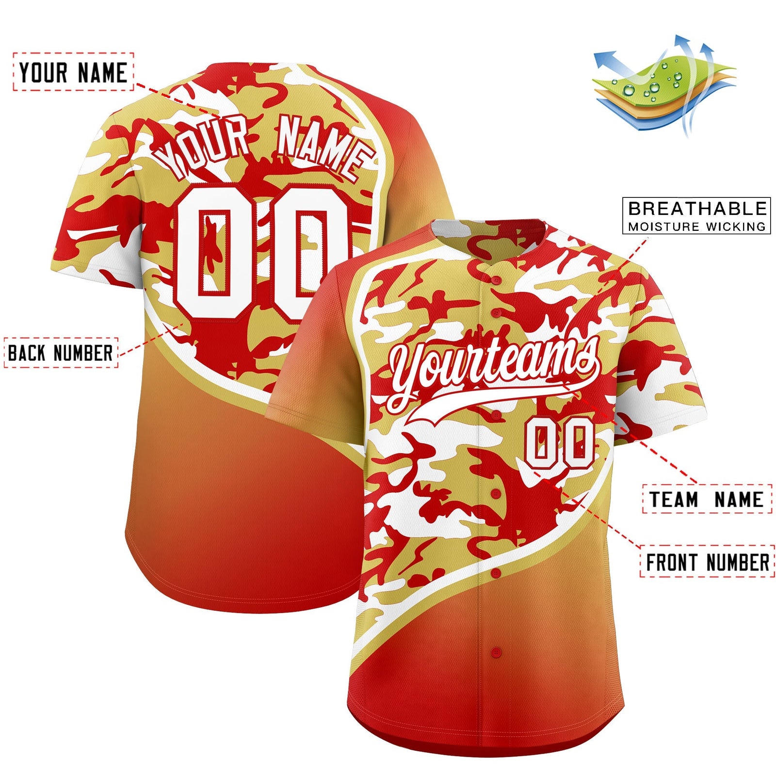 Custom Old Gold Red White Camo Gradient Fashion Baseball Jersey | Perfect for Training,Sublimation Printed & Stitched,Add Name and Numbern,Perfect for Teams | KXKSHOP