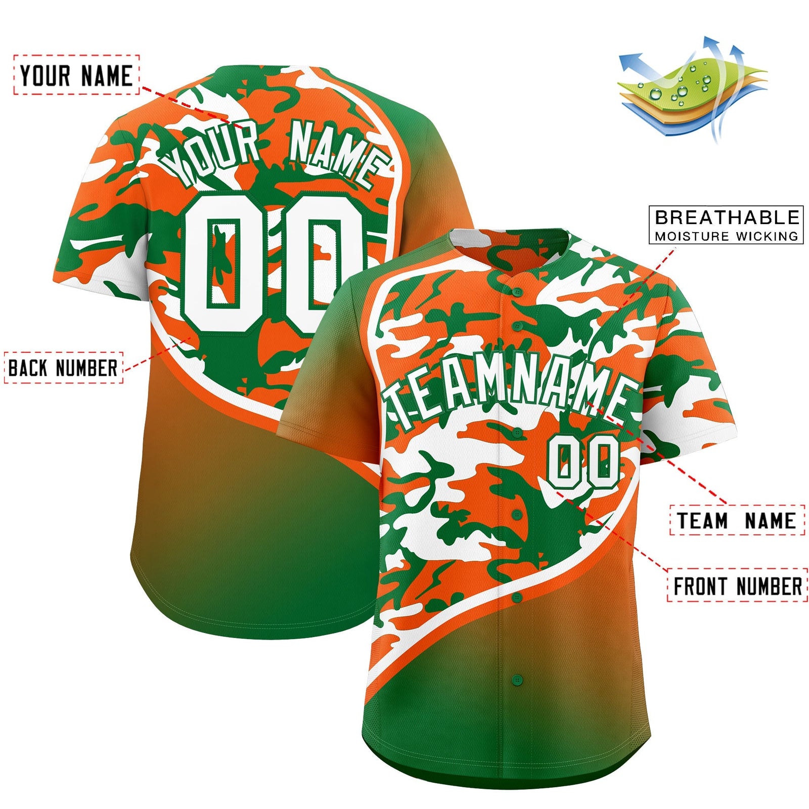 Custom Orange Kelly Green White Camo Gradient Fashion Baseball Jersey | Perfect for Training,Sublimation Printed & Stitched,Add Name and Numbern,Perfect for Teams | KXKSHOP