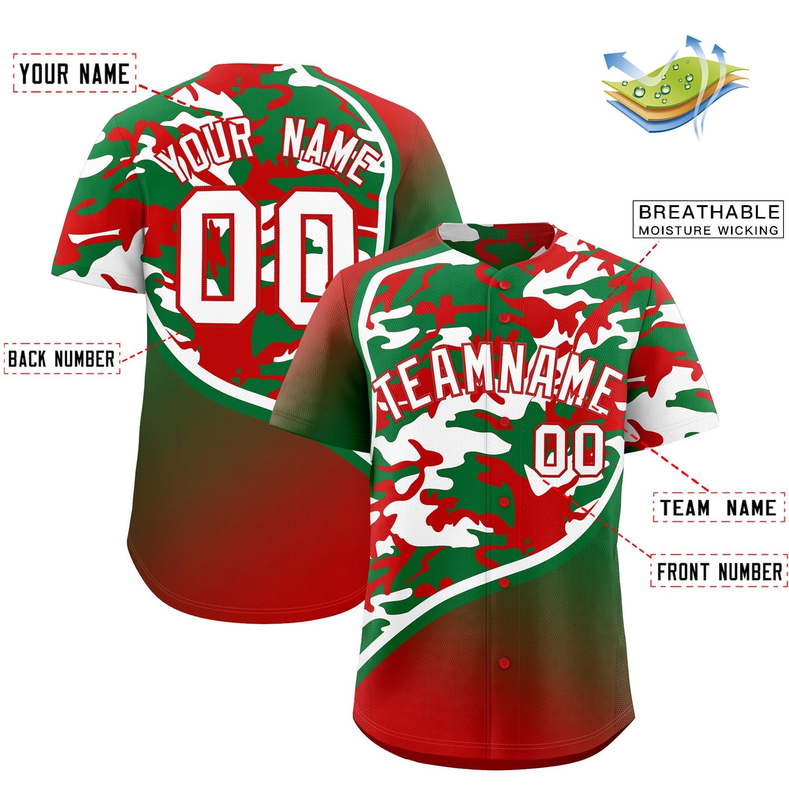 Custom Kelly Green Red White Camo Gradient Fashion Baseball Jersey | Perfect for Training,Sublimation Printed & Stitched,Add Name and Numbern,Perfect for Teams | KXKSHOP
