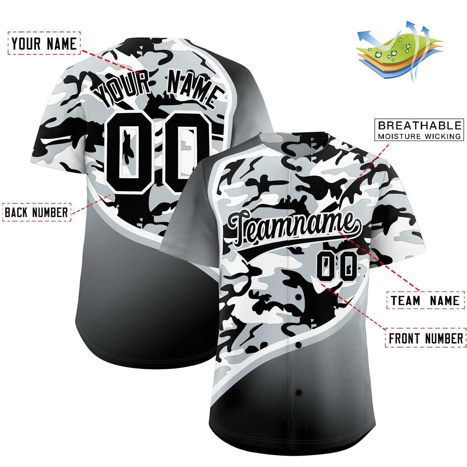 Custom Black Silver White Camo Gradient Fashion Baseball Jersey | Perfect for Training,Sublimation Printed & Stitched,Add Name and Numbern,Perfect for Teams | KXKSHOP