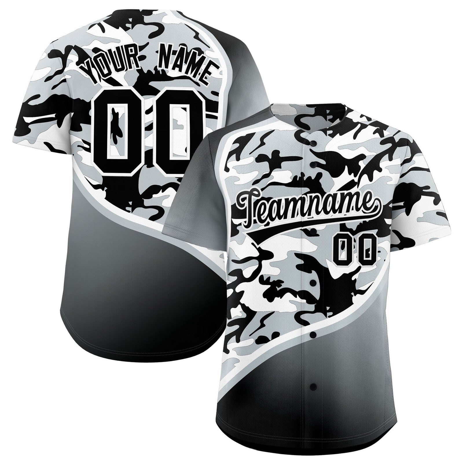 Custom Black Silver White Camo Gradient Fashion Baseball Jersey | Perfect for Training,Sublimation Printed & Stitched,Add Name and Numbern,Perfect for Teams | KXKSHOP