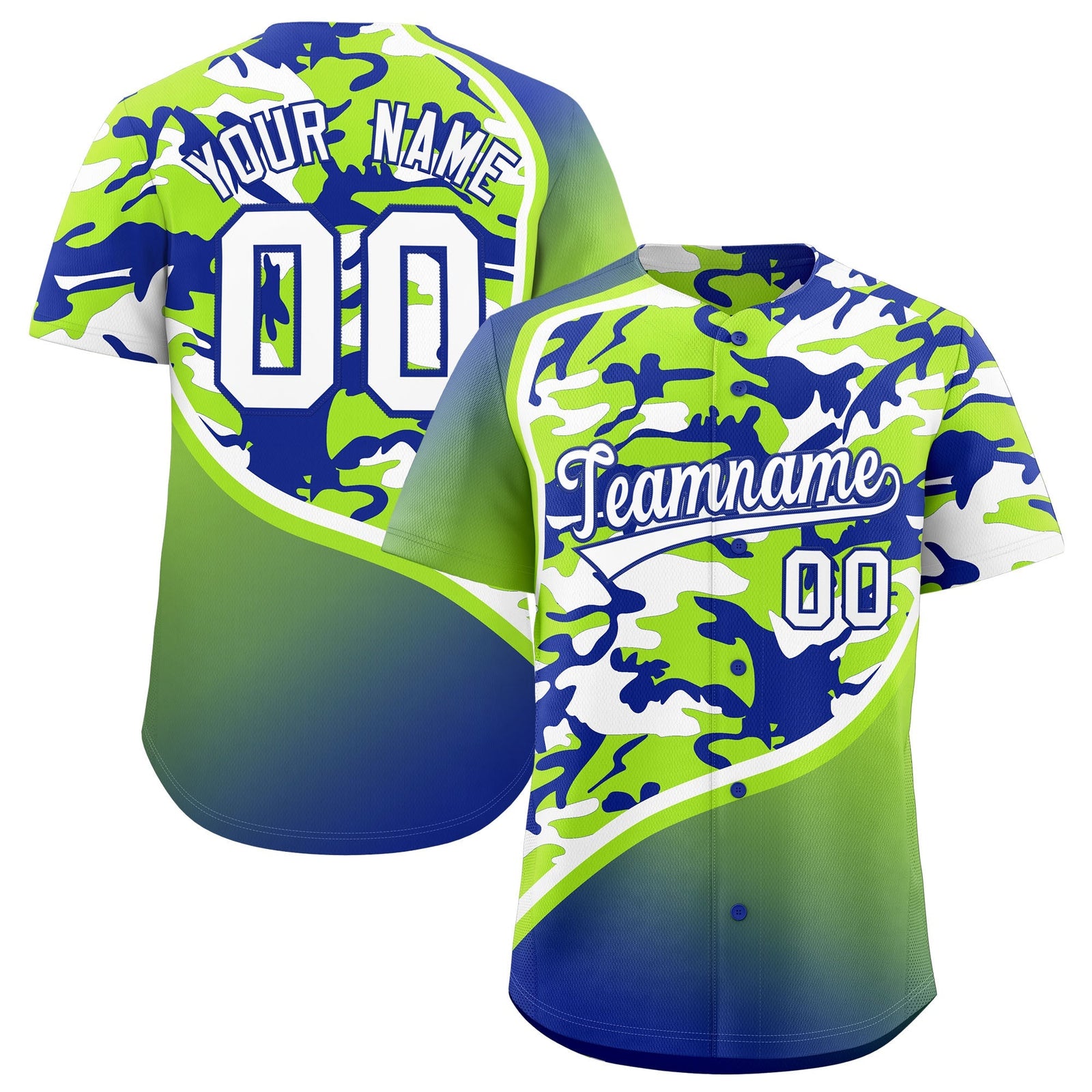 Custom Neon Green Royal Blue White Camo Gradient Fashion Baseball Jersey | Perfect for Training,Sublimation Printed & Stitched,Add Name and Numbern,Perfect for Teams | KXKSHOP