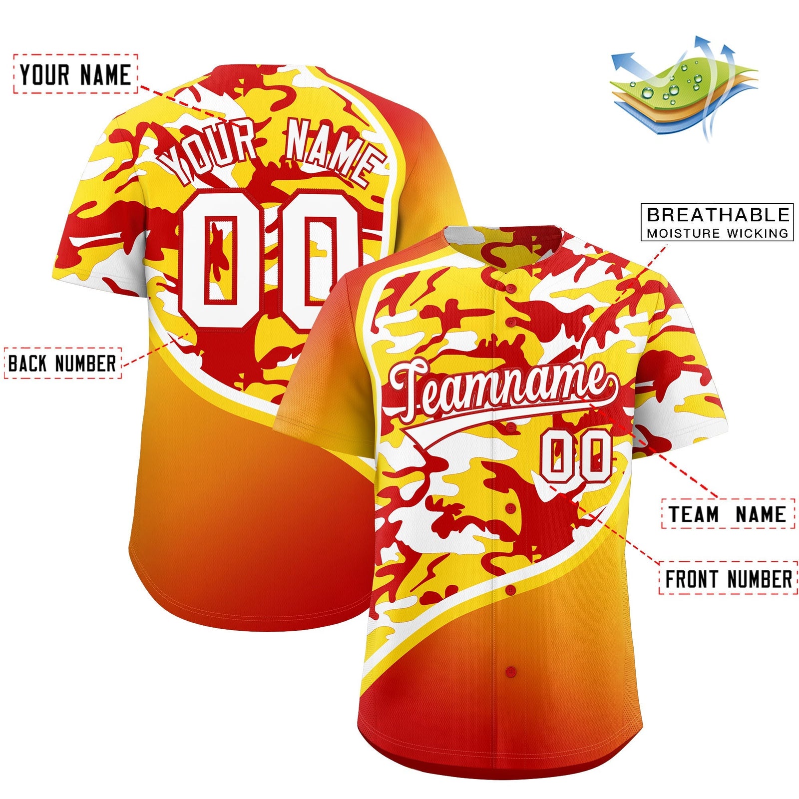 Custom Gold Red White Camo Gradient Fashion Baseball Jersey | Perfect for Training,Sublimation Printed & Stitched,Add Name and Numbern,Perfect for Teams | KXKSHOP