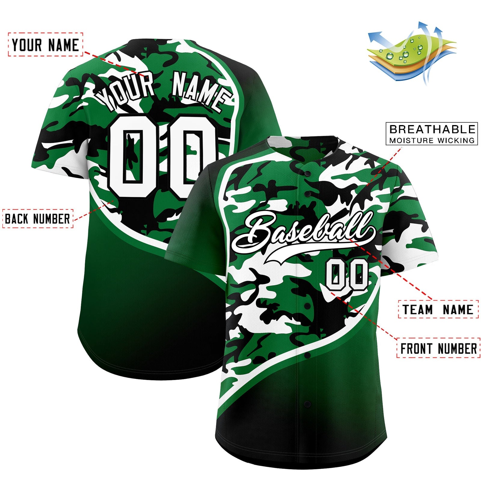 Custom Kelly Green White Black Camo Gradient Fashion Baseball Jersey | Perfect for Training,Sublimation Printed & Stitched,Add Name and Numbern,Perfect for Teams | KXKSHOP