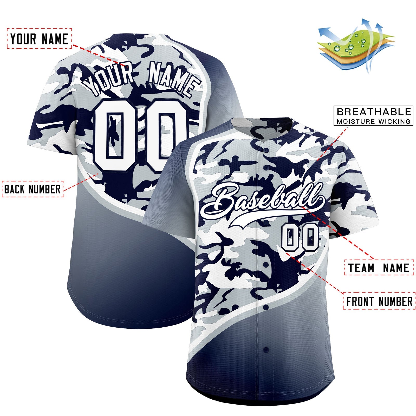 Custom Silver Navy White Camo Gradient Fashion Baseball Jersey | Perfect for Training,Sublimation Printed & Stitched,Add Name and Numbern,Perfect for Teams | KXKSHOP