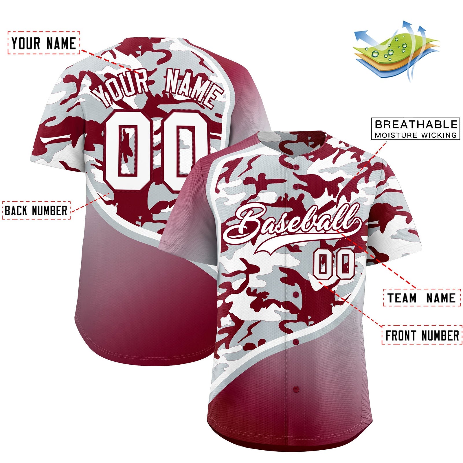 Custom Silver Crimson White Camo Gradient Fashion Baseball Jersey | Perfect for Training,Sublimation Printed & Stitched,Add Name and Numbern,Perfect for Teams | KXKSHOP