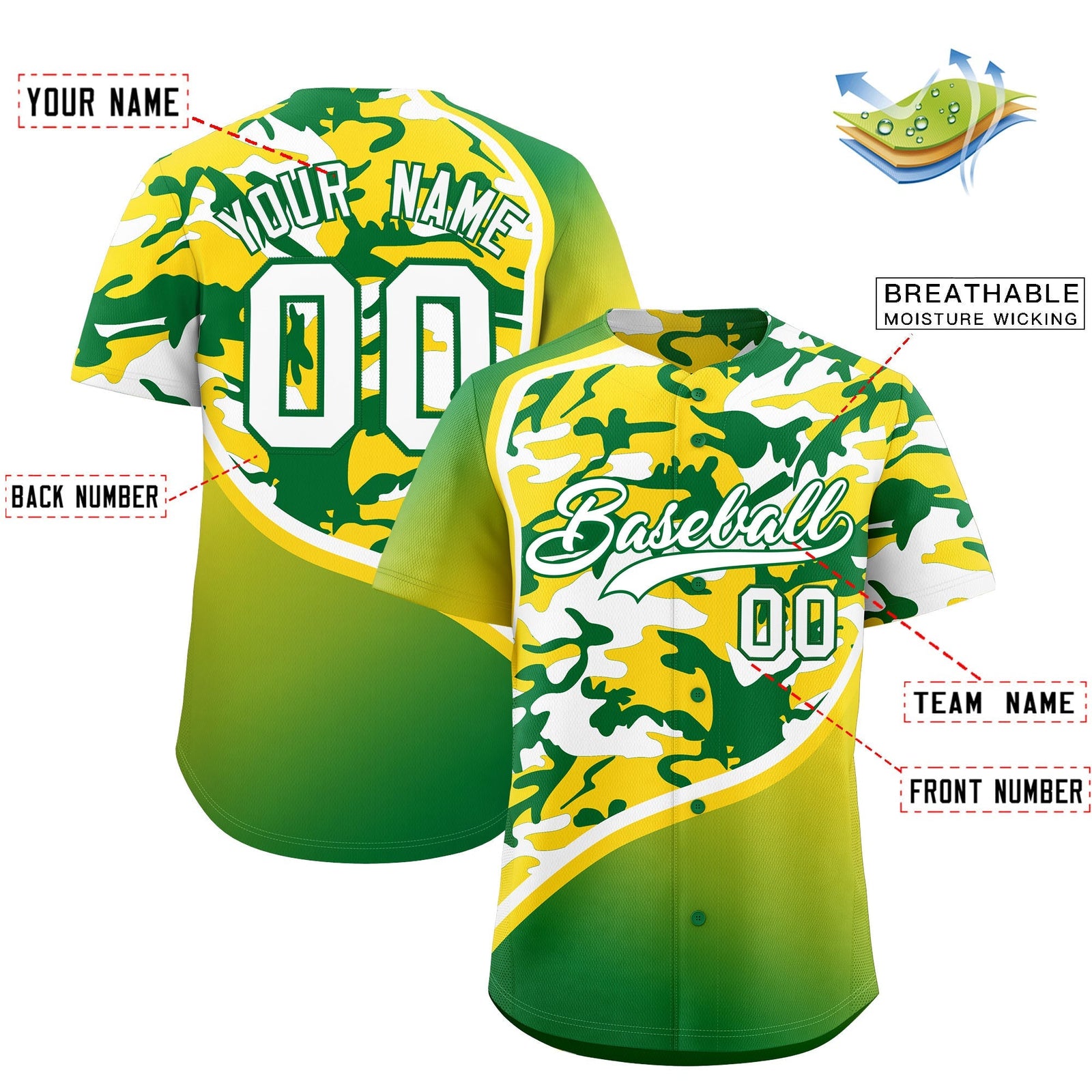 Custom Gold Kelly Green White Camo Gradient Fashion Baseball Jersey | Perfect for Training,Sublimation Printed & Stitched,Add Name and Numbern,Perfect for Teams | KXKSHOP