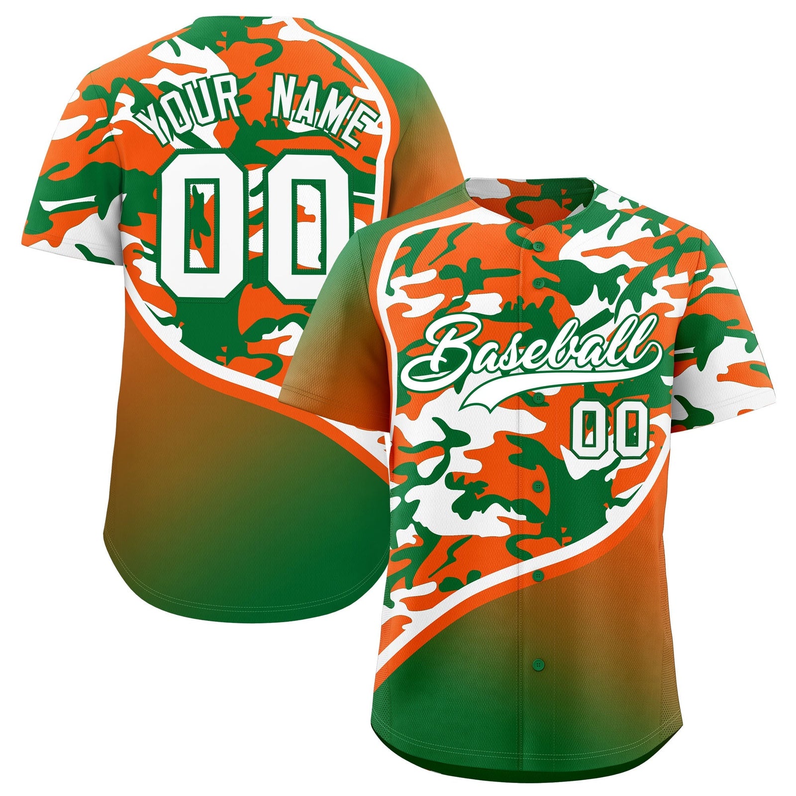 Custom Orange Kelly Green White Camo Gradient Fashion Baseball Jersey | Perfect for Training,Sublimation Printed & Stitched,Add Name and Numbern,Perfect for Teams | KXKSHOP