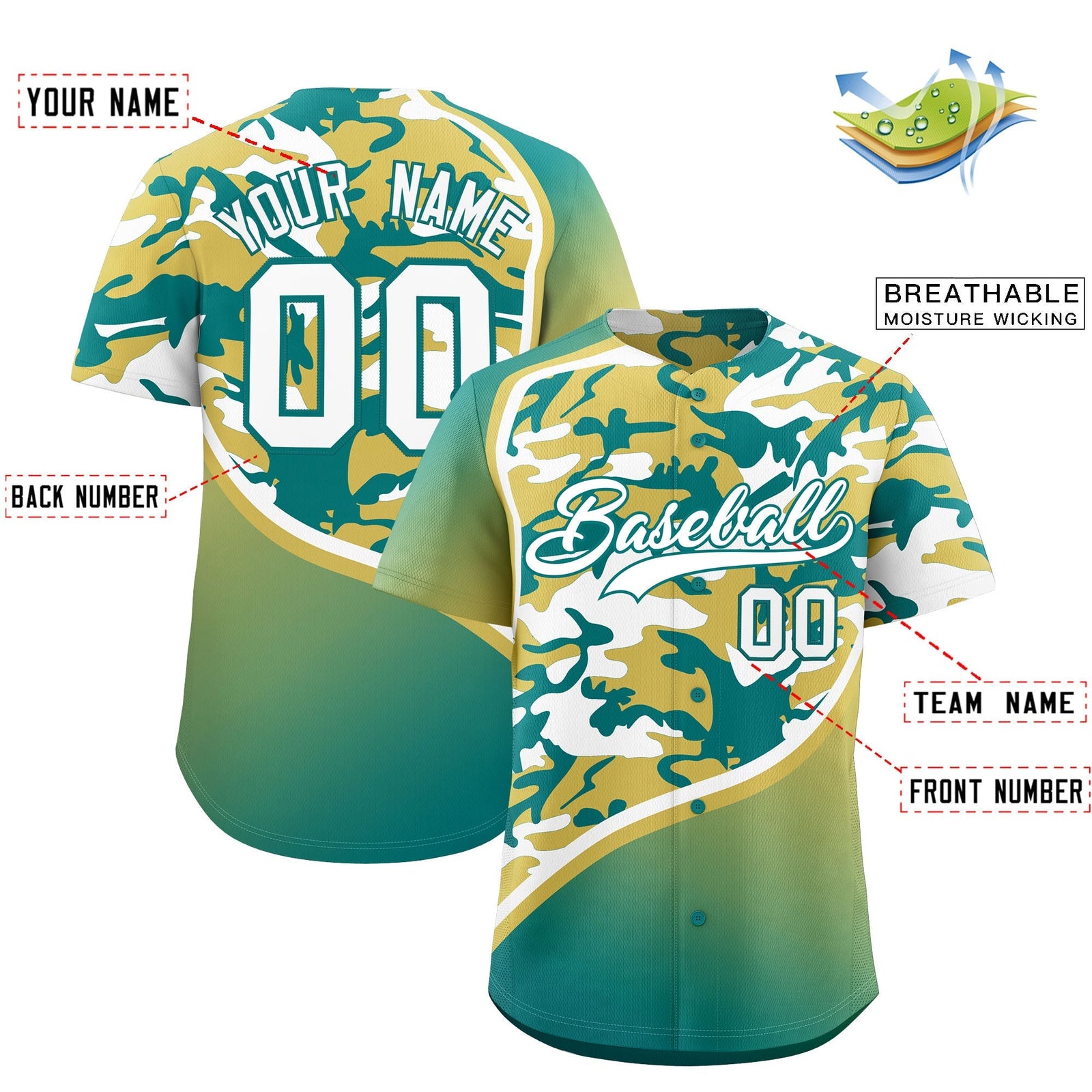 Custom Old Gold Teal White Camo Gradient Fashion Baseball Jersey | Perfect for Training,Sublimation Printed & Stitched,Add Name and Numbern,Perfect for Teams | KXKSHOP