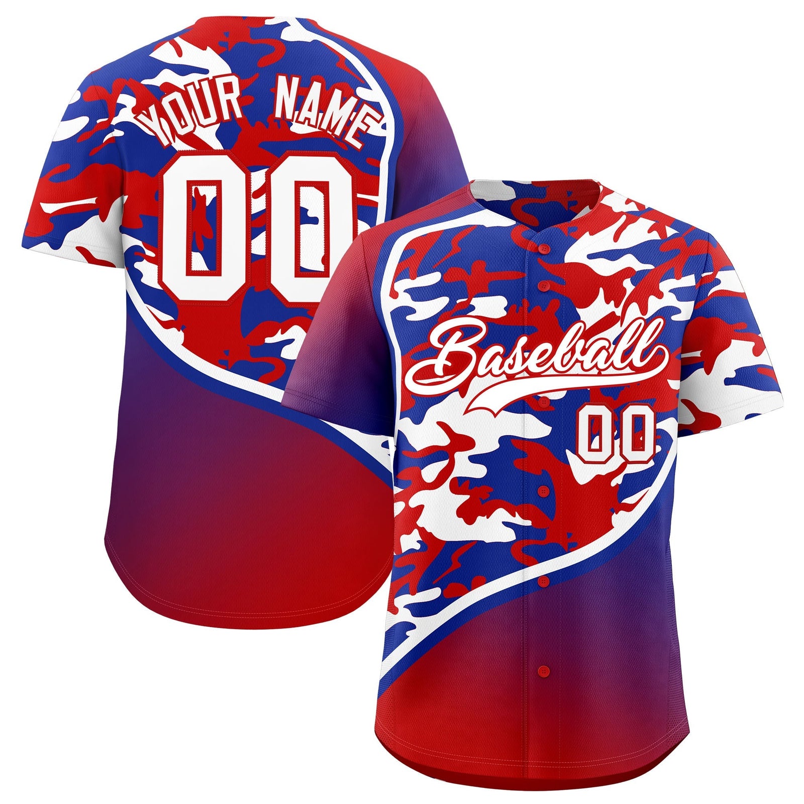 Custom Red Royal Blue White Camo Gradient Fashion Baseball Jersey | Perfect for Training,Sublimation Printed & Stitched,Add Name and Numbern,Perfect for Teams | KXKSHOP