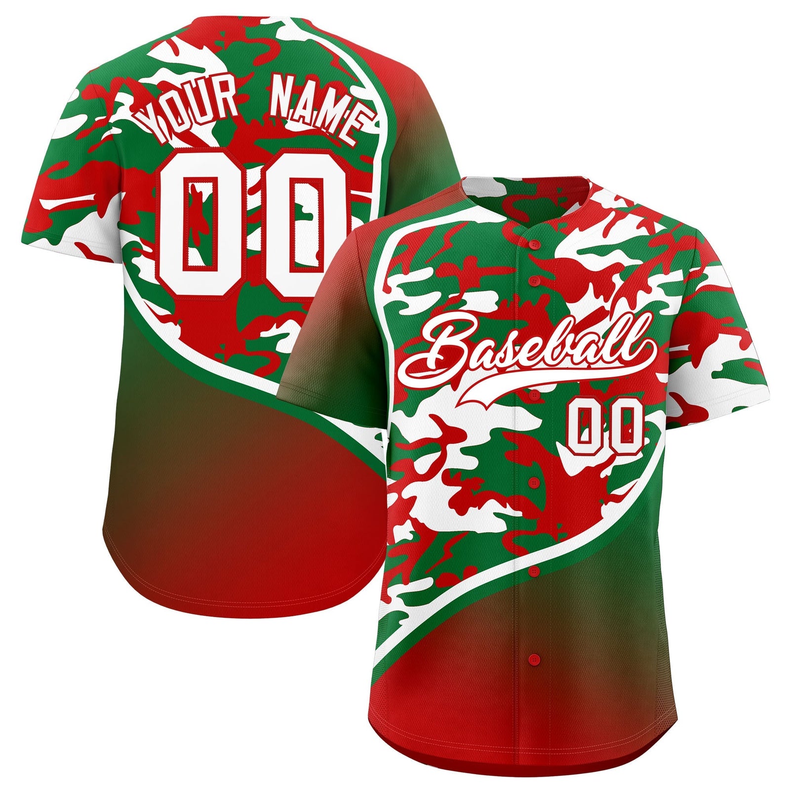 Custom Kelly Green Red White Camo Gradient Fashion Baseball Jersey | Perfect for Training,Sublimation Printed & Stitched,Add Name and Numbern,Perfect for Teams | KXKSHOP