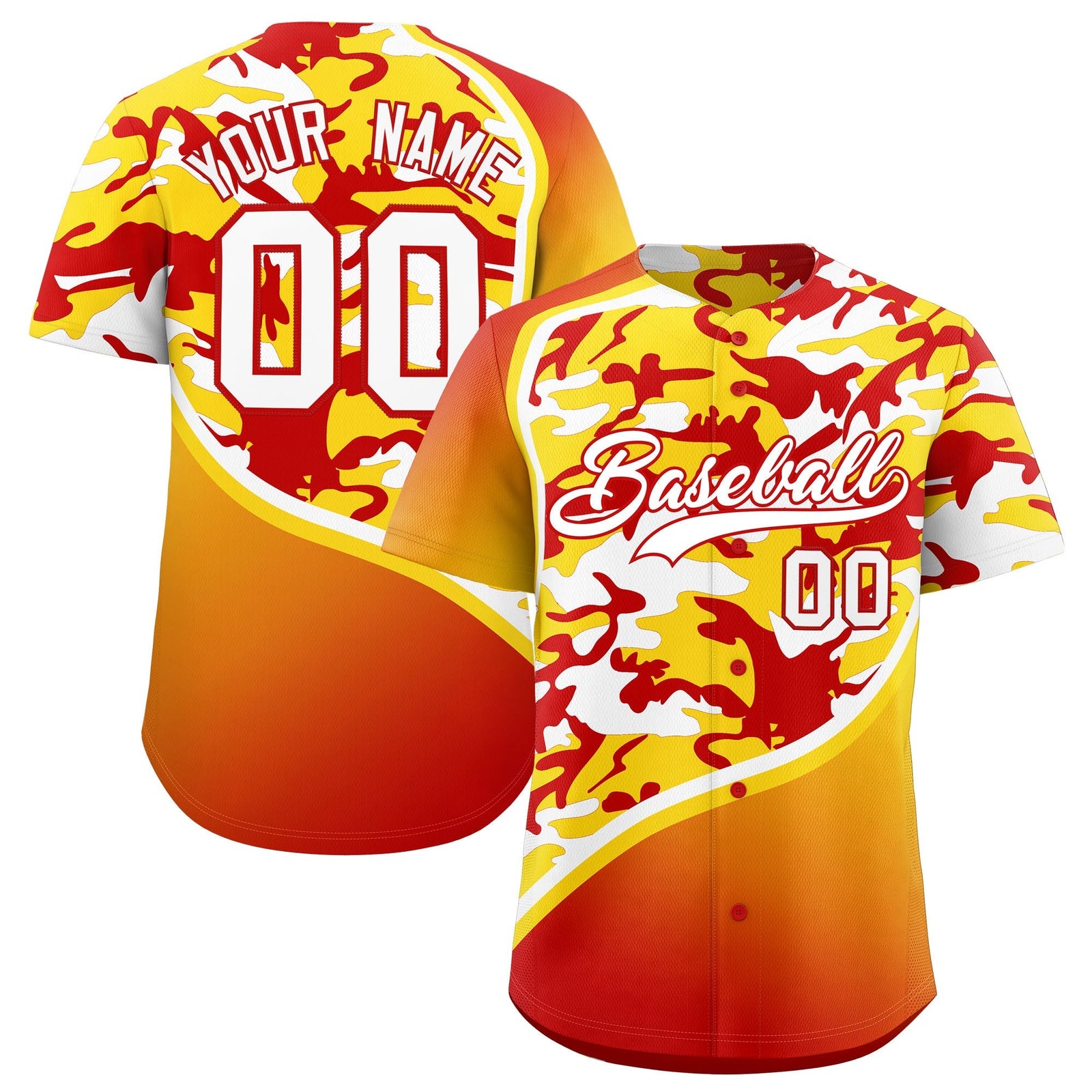 Custom Gold Red White Camo Gradient Fashion Baseball Jersey | Perfect for Training,Sublimation Printed & Stitched,Add Name and Numbern,Perfect for Teams | KXKSHOP