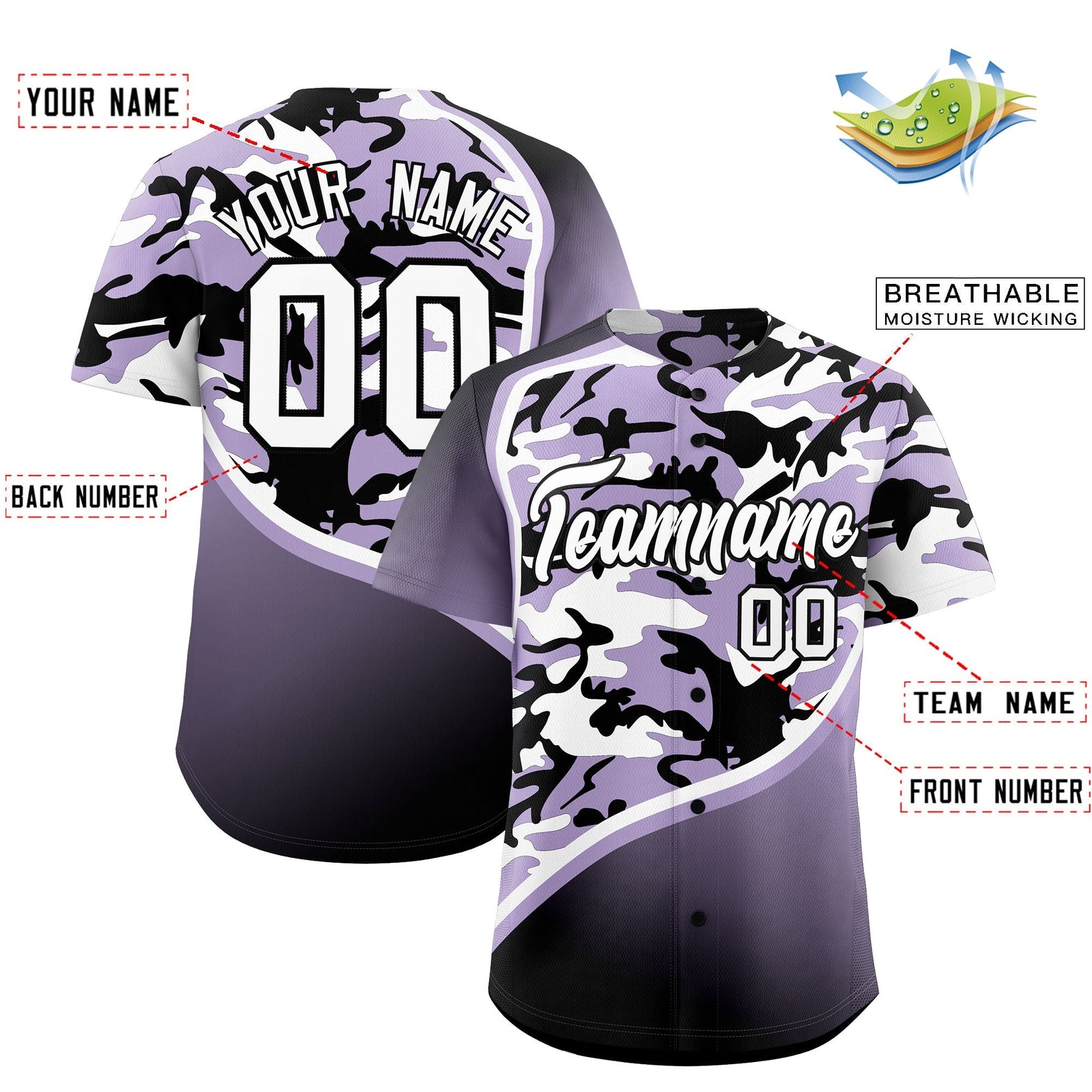 Custom Light Purple Black White Camo Gradient Fashion Baseball Jersey | Perfect for Training,Sublimation Printed & Stitched,Add Name and Numbern,Perfect for Teams | KXKSHOP