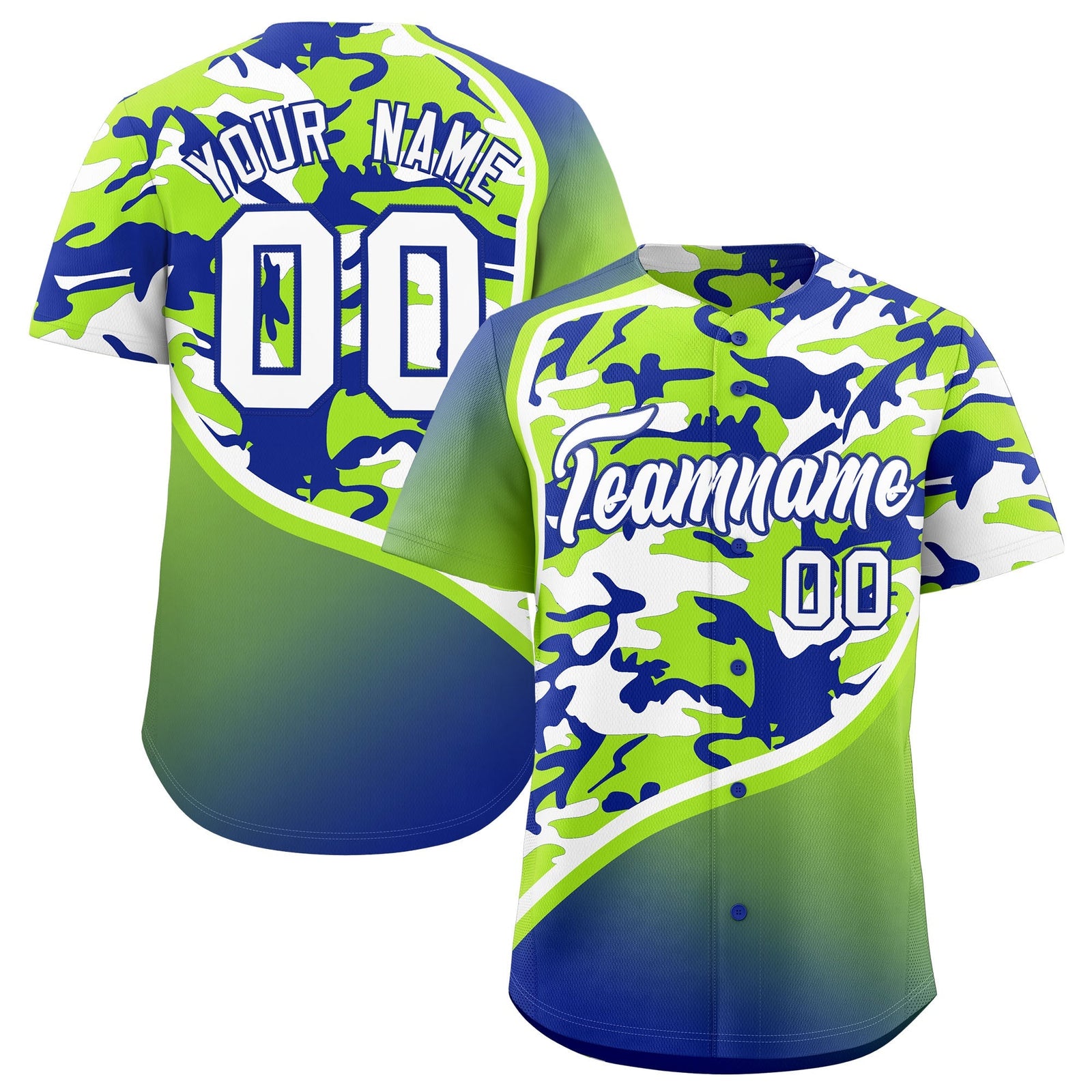 Custom Neon Green Royal Blue White Camo Gradient Fashion Baseball Jersey | Perfect for Training,Sublimation Printed & Stitched,Add Name and Numbern,Perfect for Teams | KXKSHOP