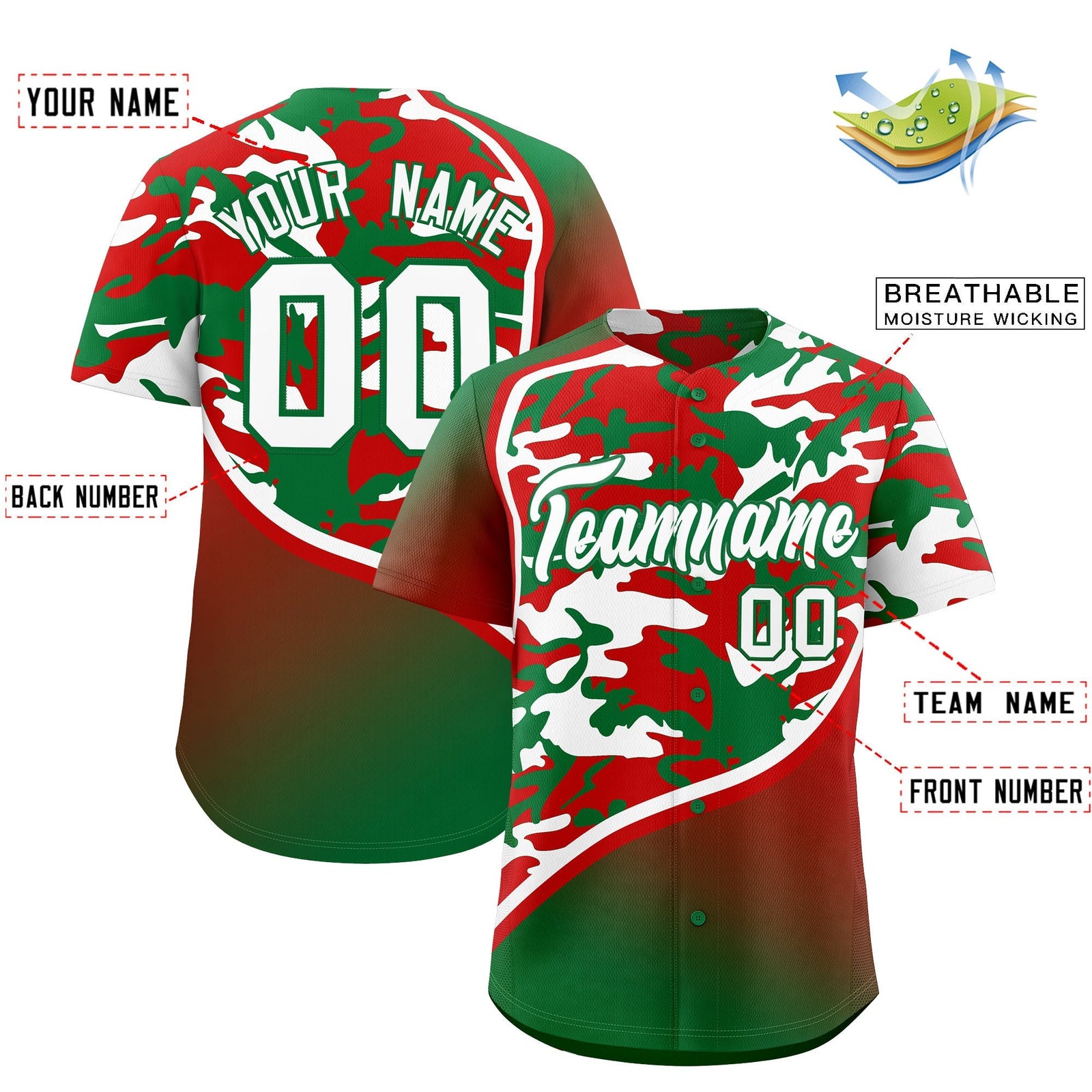 Custom Red Kelly Green White Camo Gradient Fashion Baseball Jersey | Perfect for Training,Sublimation Printed & Stitched,Add Name and Numbern,Perfect for Teams | KXKSHOP