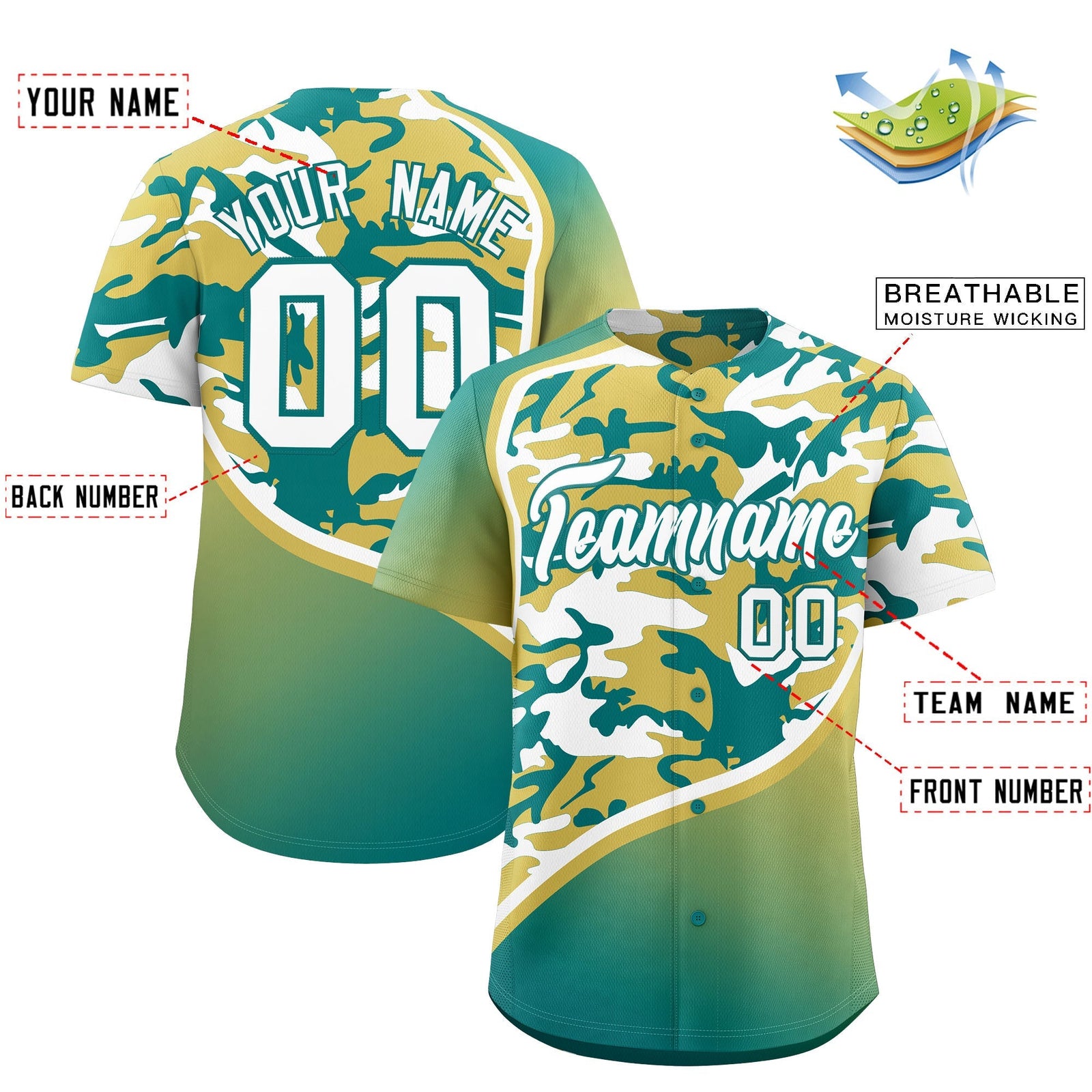 Custom Old Gold Teal White Camo Gradient Fashion Baseball Jersey | Perfect for Training,Sublimation Printed & Stitched,Add Name and Numbern,Perfect for Teams | KXKSHOP
