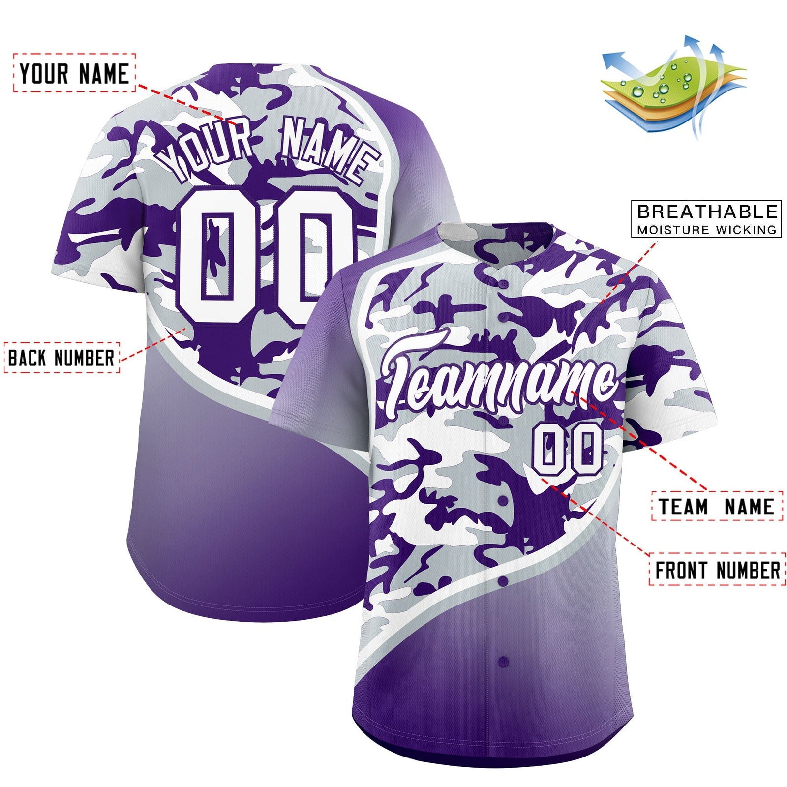 Custom Silver Purple White Camo Gradient Fashion Baseball Jersey | Perfect for Training,Sublimation Printed & Stitched,Add Name and Numbern,Perfect for Teams | KXKSHOP